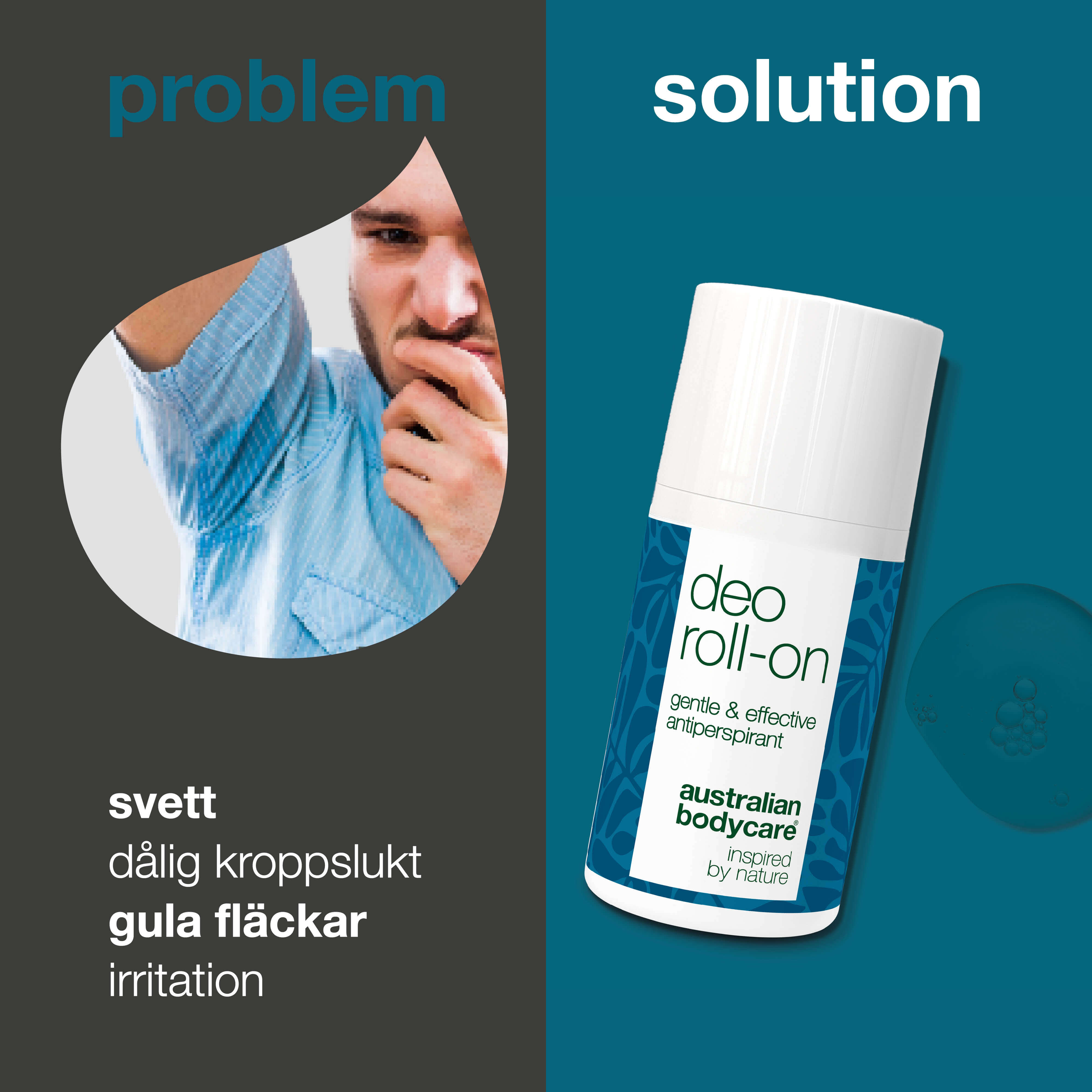 Roll-on Deo för dagligt skydd mot svett, dålig lukt, röda prickar och fläckar. Med 4-terpineol, glycerin, mjölksyra och vitamin E.