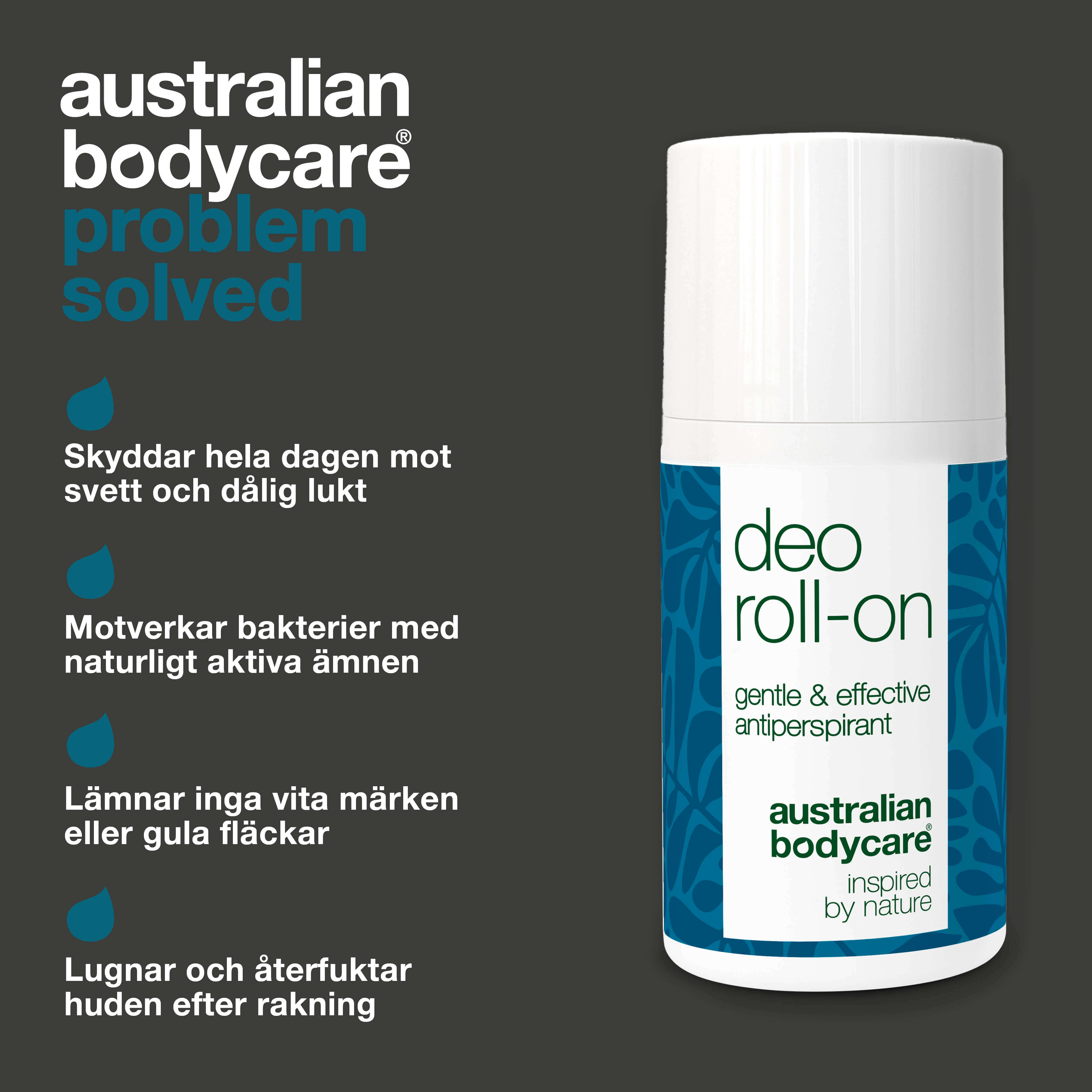 Roll-on Deo för dagligt skydd mot svett, dålig lukt, röda prickar och fläckar. Med 4-terpineol, glycerin, mjölksyra och vitamin E.