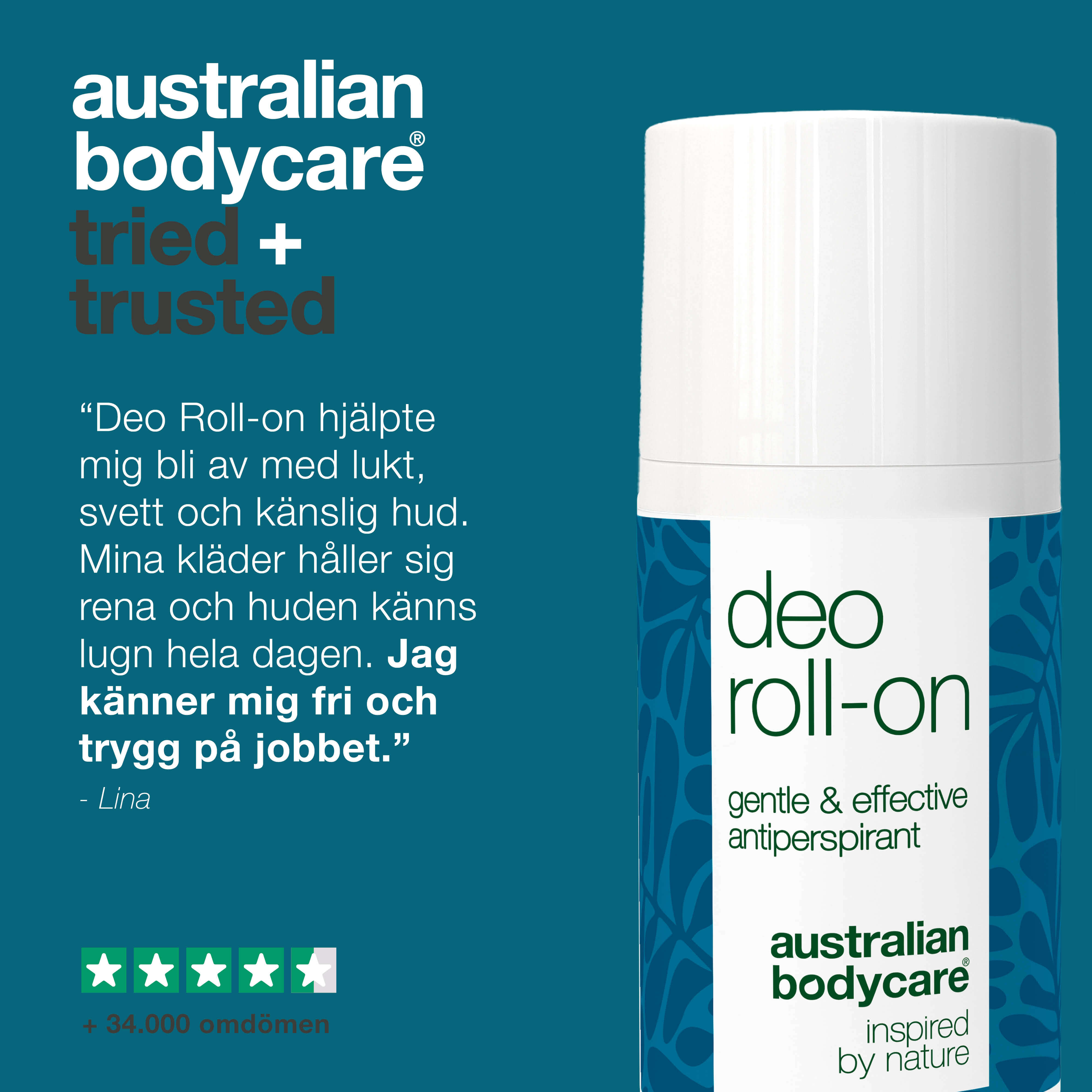 Roll-on Deo för dagligt skydd mot svett, dålig lukt, röda prickar och fläckar. Med 4-terpineol, glycerin, mjölksyra och vitamin E.