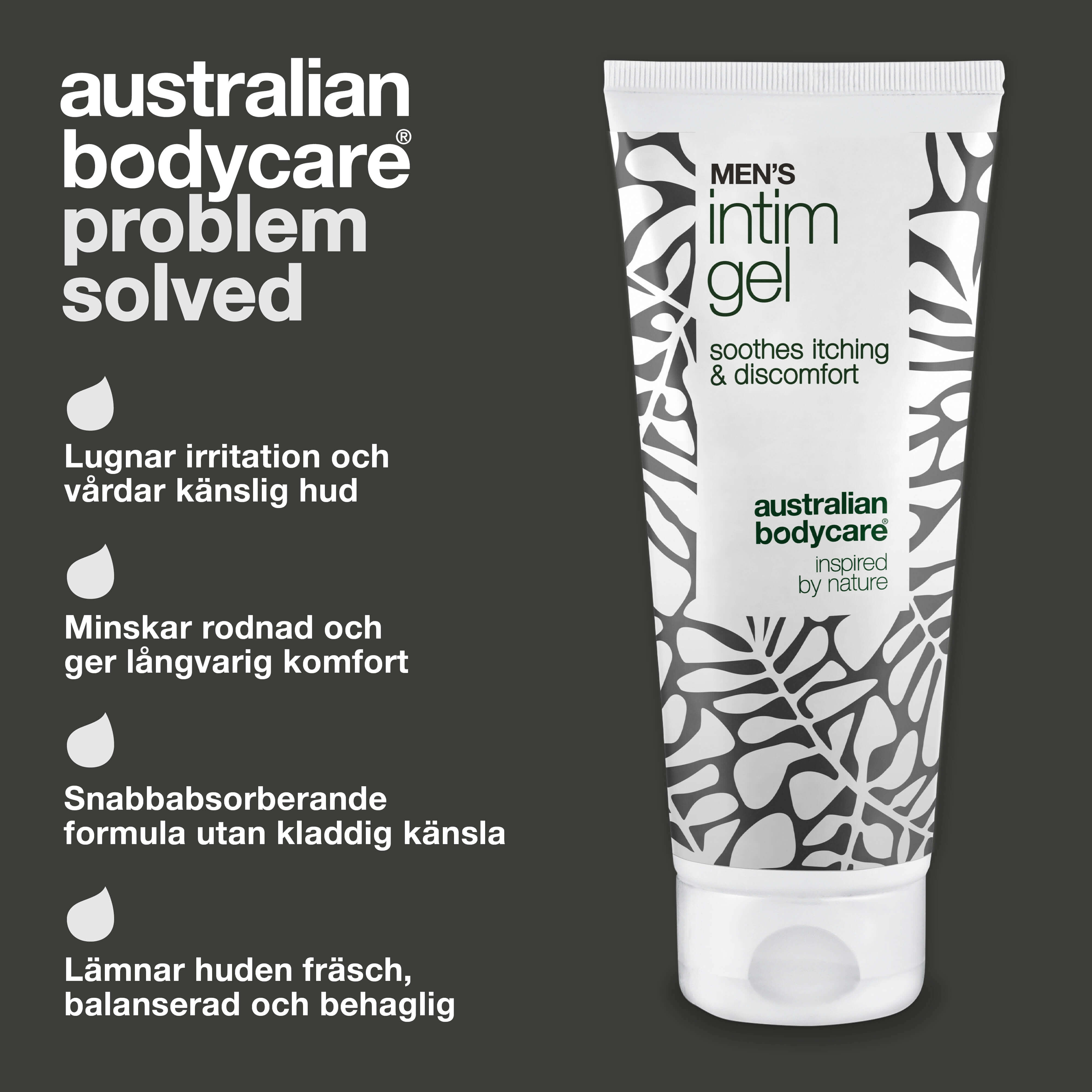 Intimgel för män – Lindrar klåda och irritation — Säg hejdå till klåda med Men’s Intimate Gel. Håller huden fräsch och balanserad med en snabbt absorberande, icke-klibbig formula.