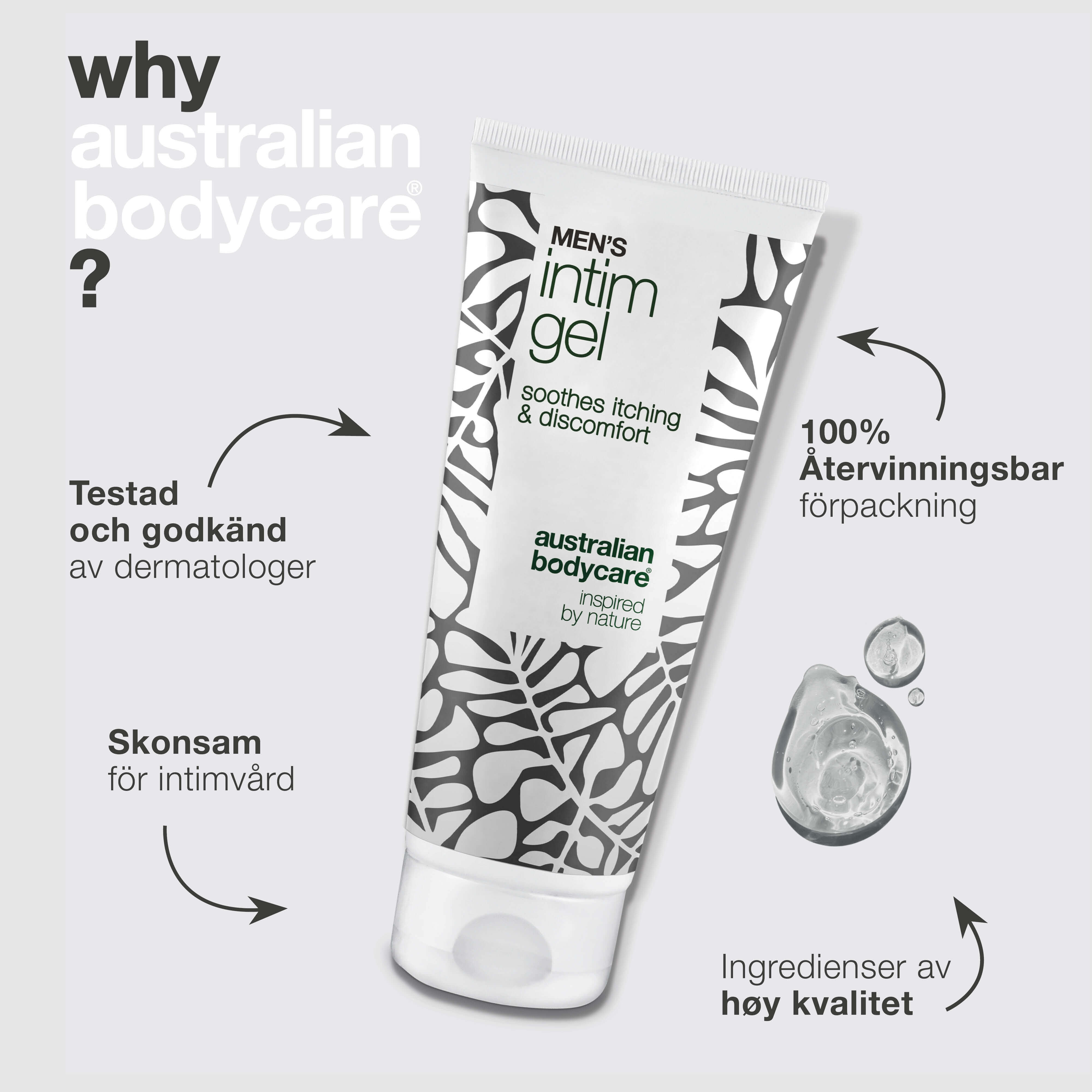 Intimgel för män – Lindrar klåda och irritation — Säg hejdå till klåda med Men’s Intimate Gel. Håller huden fräsch och balanserad med en snabbt absorberande, icke-klibbig formula.