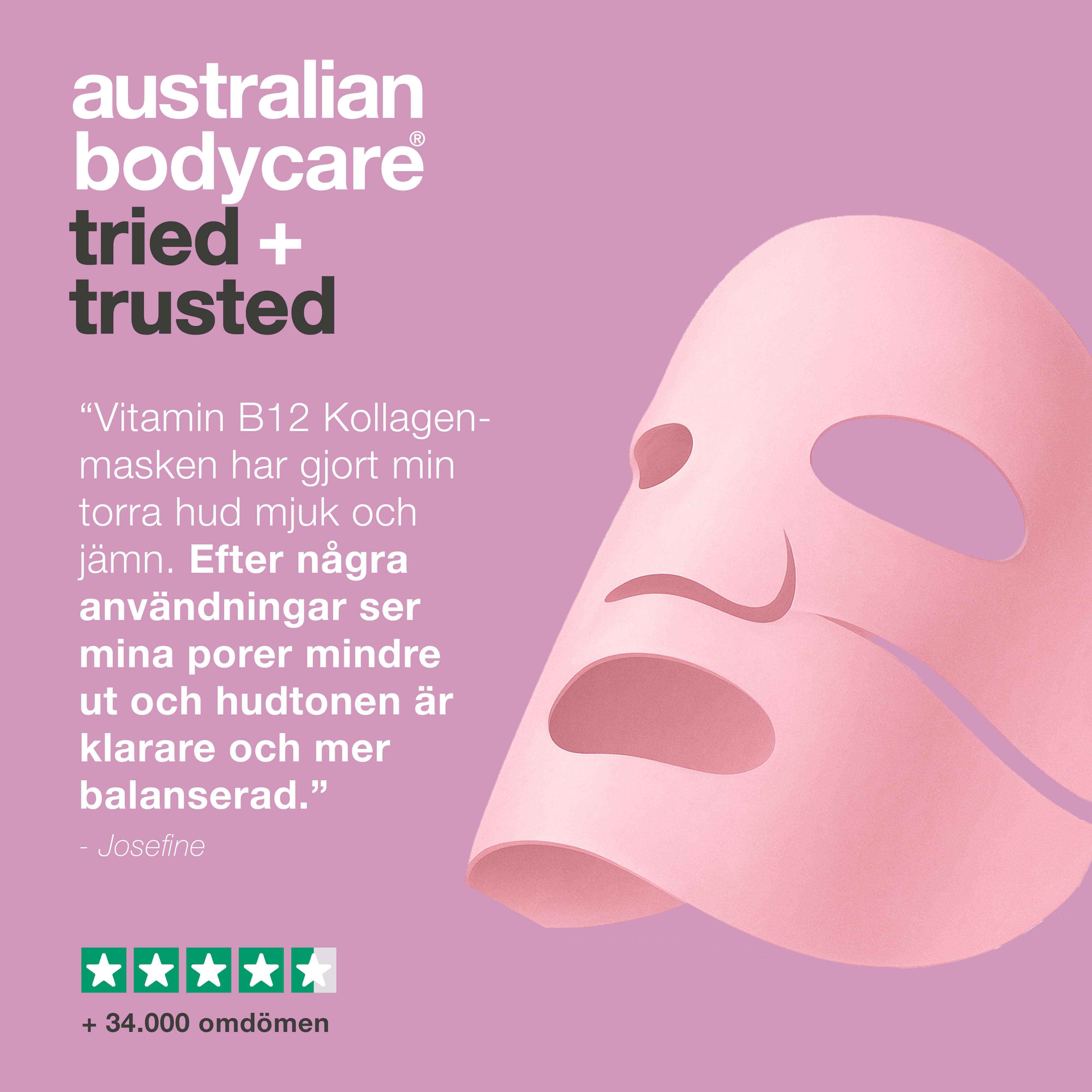 B12 Kollagenmask för torr och trött hud med ojämn struktur — B12 Kollagenmask för torr, trött hud. Innehåller B12, niacinamid, peptider, kollagen och hyaluronsyra för återfuktning och fasthet.