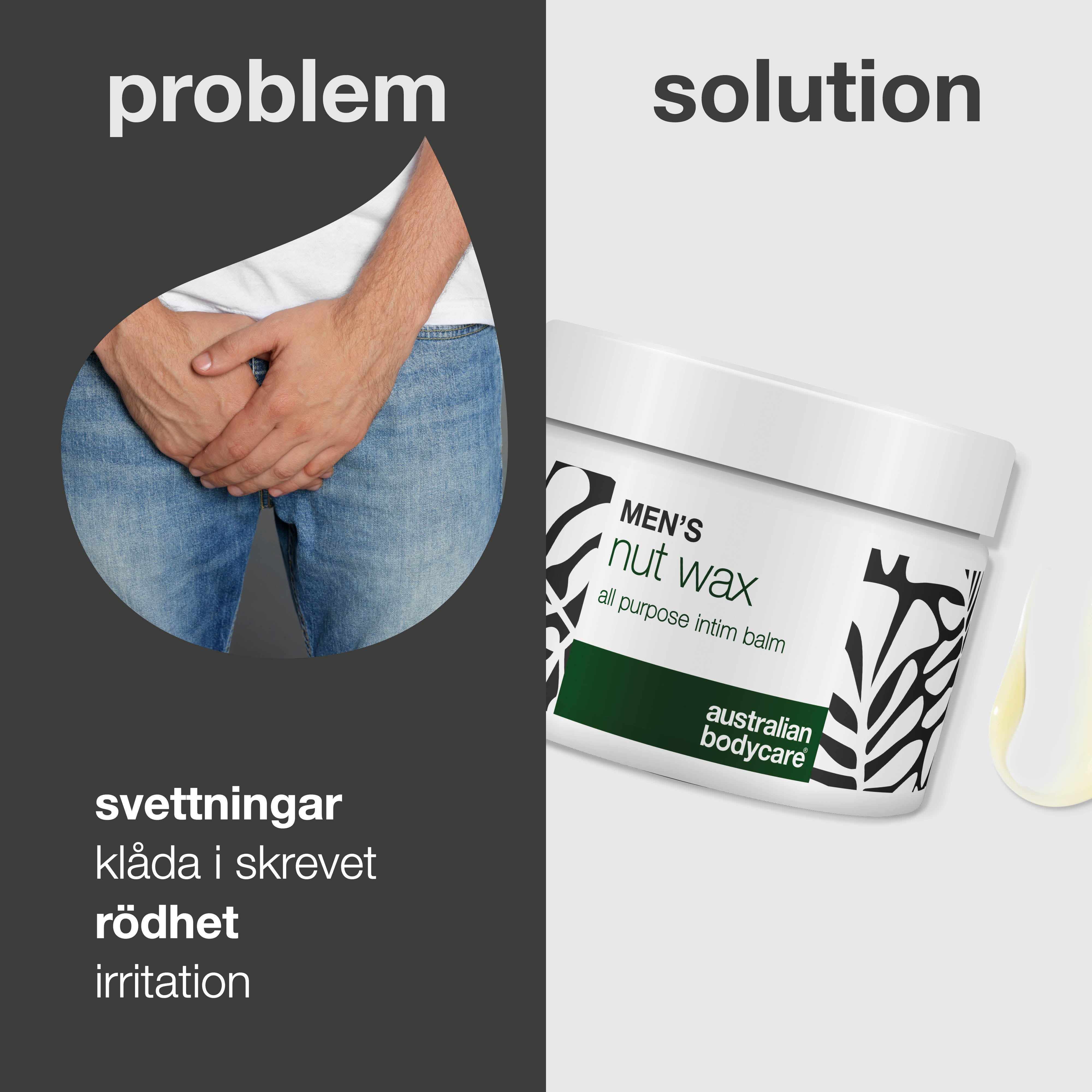 Pungvax för män som motverkar svett, lukt och friktion. Skyddar och återfuktar känslig hud med sheasmör, squalane och lugnande ingredienser.