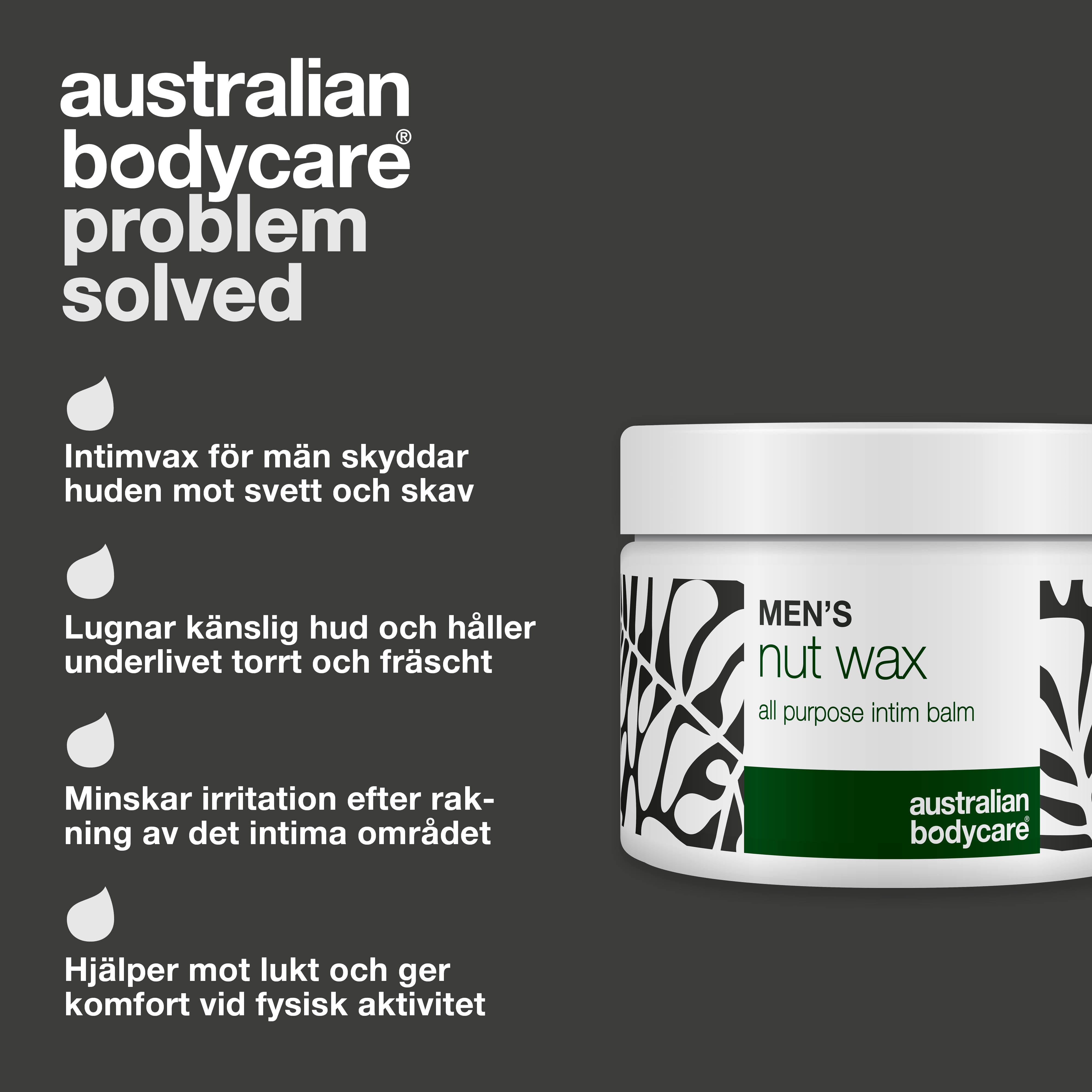 Pungvax för män som motverkar svett, lukt och friktion. Skyddar och återfuktar känslig hud med sheasmör, squalane och lugnande ingredienser.