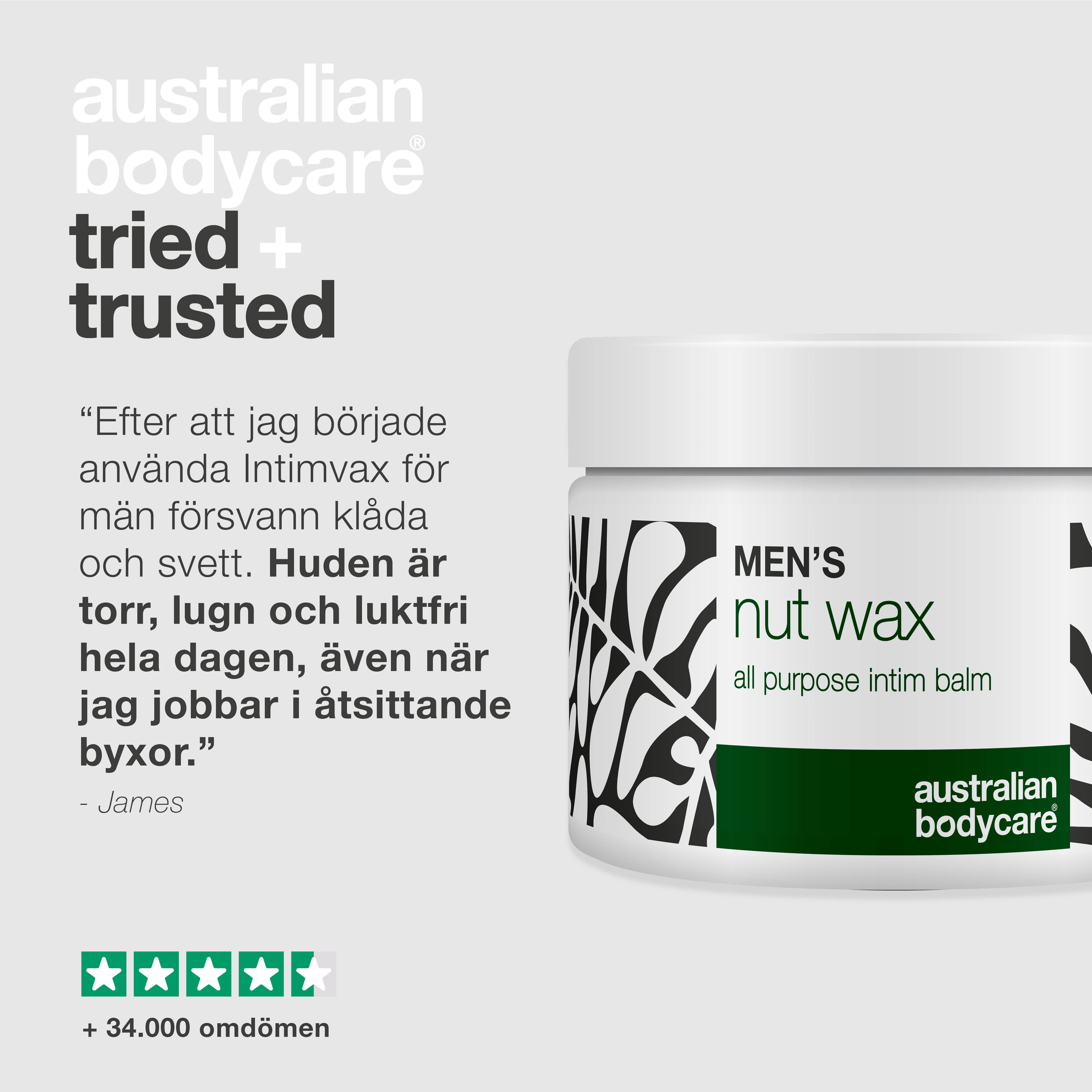 Pungvax för män som motverkar svett, lukt och friktion. Skyddar och återfuktar känslig hud med sheasmör, squalane och lugnande ingredienser.