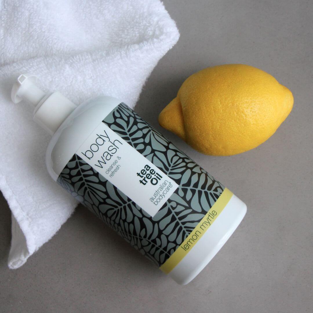 4 för 3 tea tree Body Wash 500 ml med lemon myrtle — paketerbjudande - Paketerbjudande med fyra Body Wash (500 ml): Tea tree oil lemon myrtle