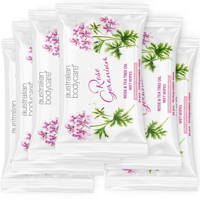 Våtservetter till vuxna med rose geranium & tea tree oil 24 st. - Tvättar bort orenheter, smuts och makeup