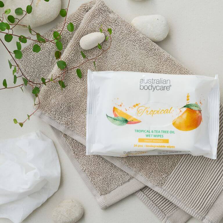 Våtservetter med mango & tea tree oil 24 st. för sminkborttagning - För daglig rengöring av kropp och ansikte