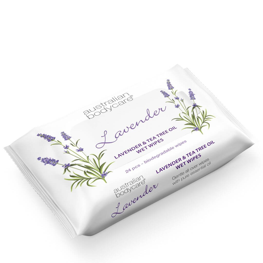 Våtservetter för händer och kroppstvätt med lavendel & tea tree oil 24 st. - För rengöring och fuktvård av ansikte och kropp