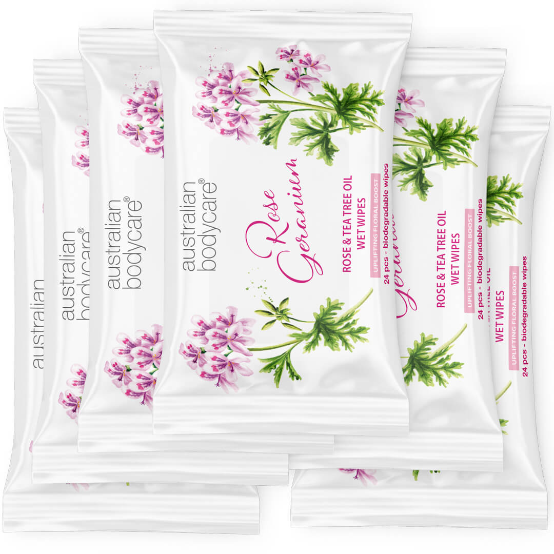 Våtservetter till vuxna med rose geranium & tea tree oil 24 st. - Tvättar bort orenheter, smuts och makeup