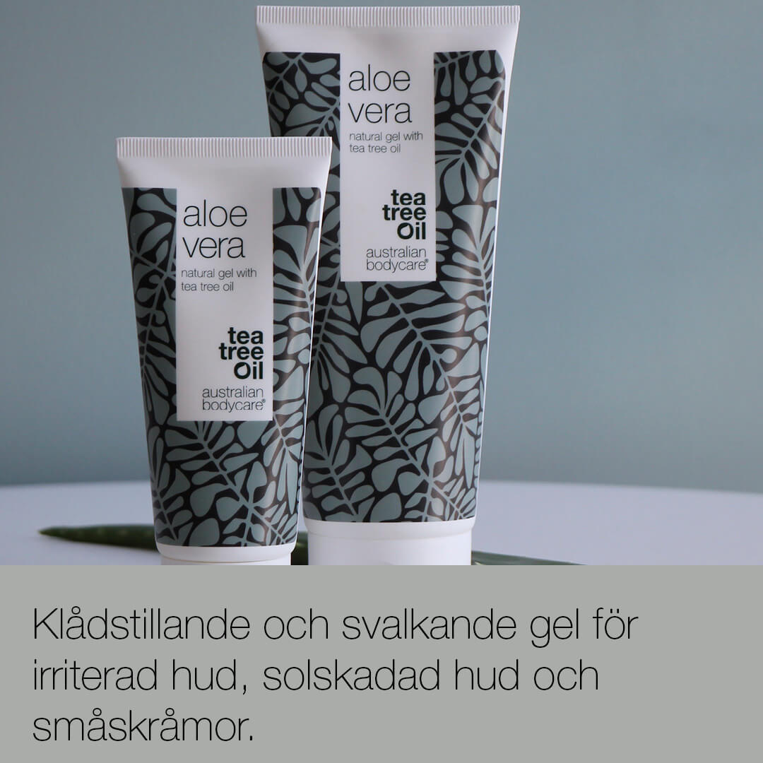 Aloe Vera gel med Tea Tree Oil - Klådstillande och svalkande gel för irriterad hud, solskadad hud och småskråmor