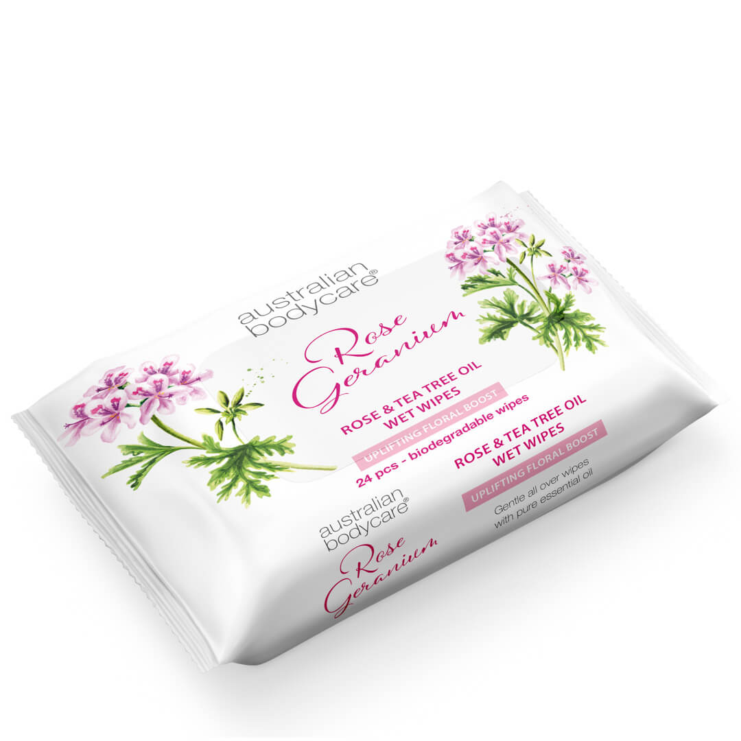 Våtservetter till vuxna med rose geranium & tea tree oil 24 st. - Tvättar bort orenheter, smuts och makeup
