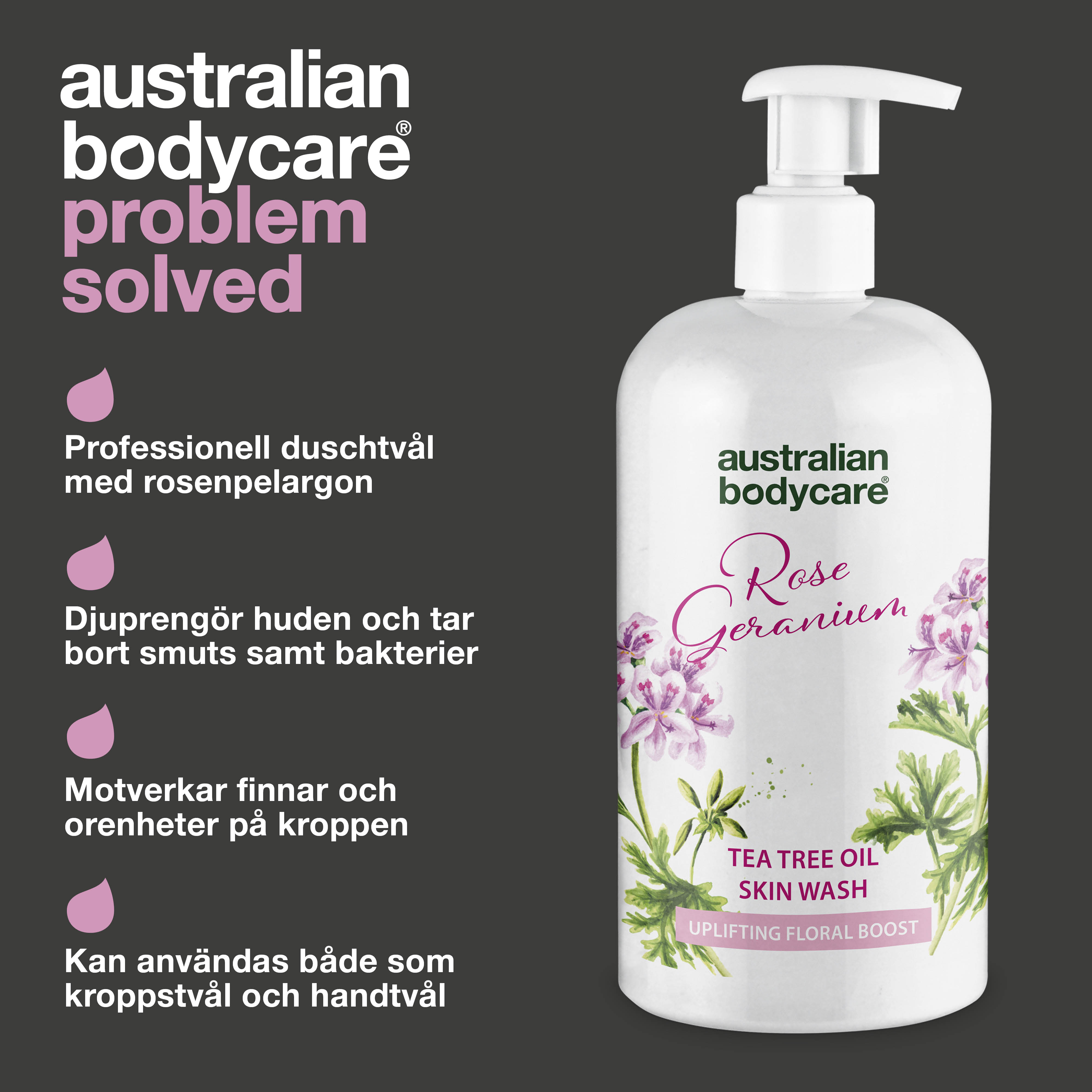 Professionel Rose Skin Wash — Dybderensende professionel showergel med Tea Tree Oil og Rose Geranium