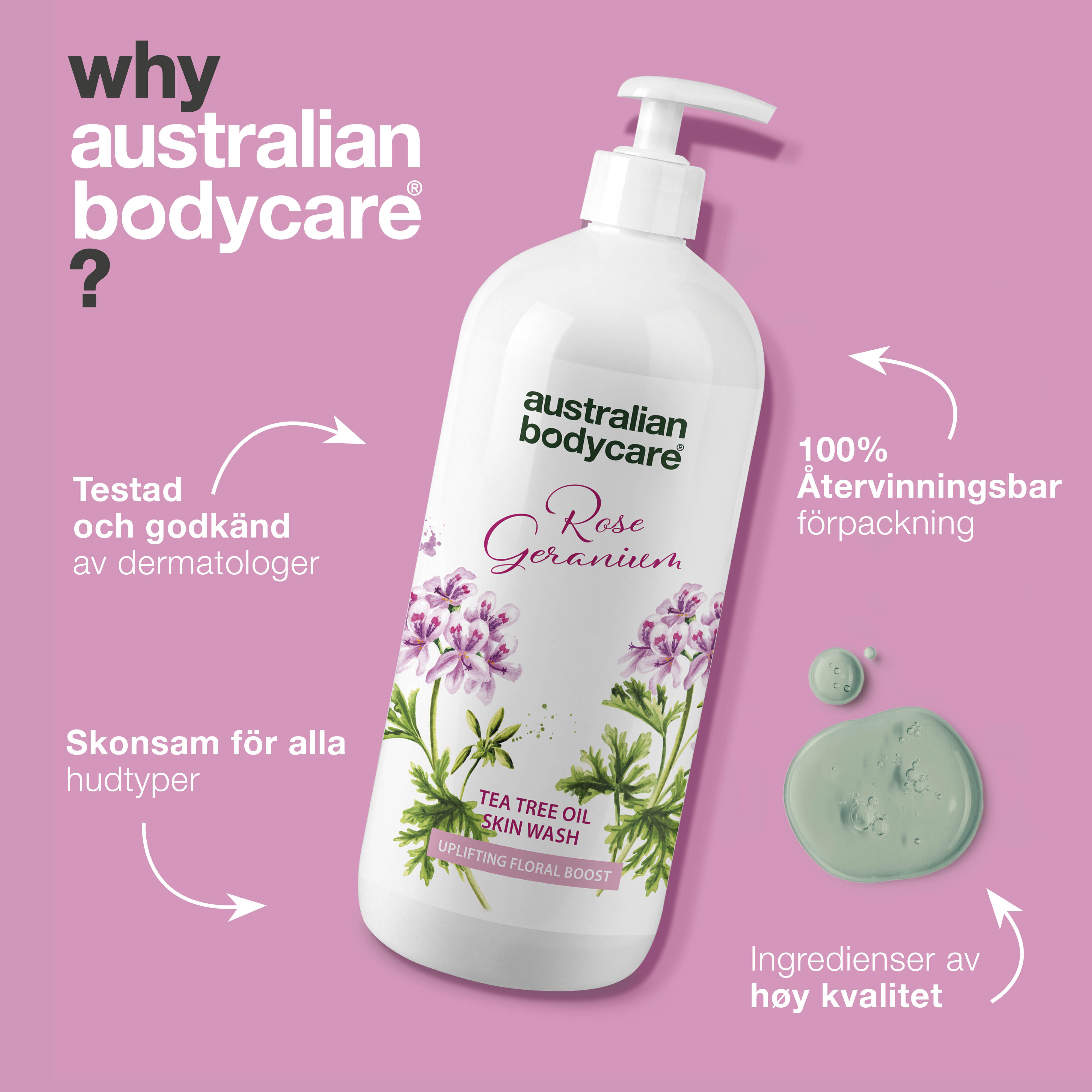 Professionel Rose Skin Wash — Dybderensende professionel showergel med Tea Tree Oil og Rose Geranium