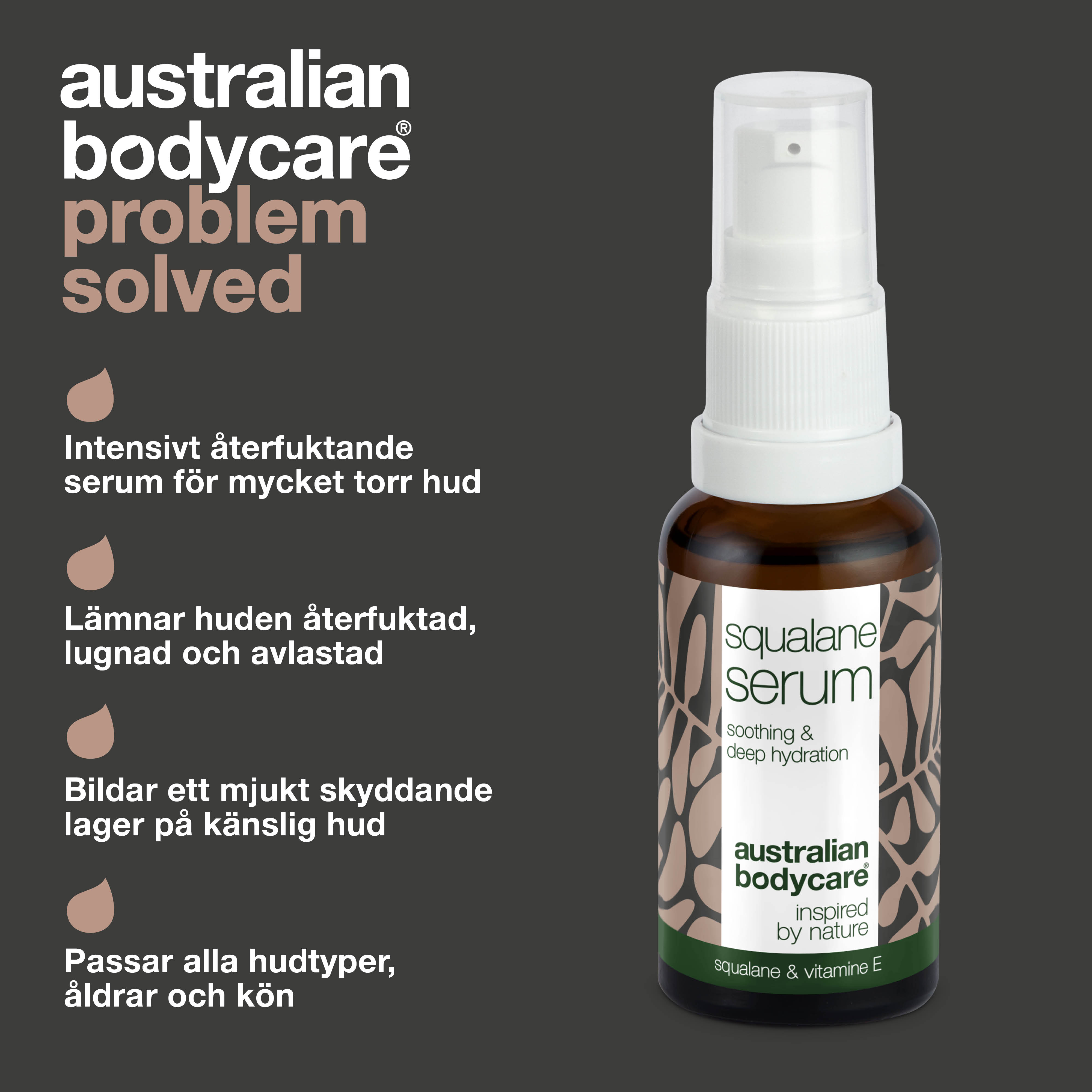 Fugtgivende ansigtsserum med Squalane & E-vitamin — Squalane & E-vitamin giver dyb hydrering til tør hud. Let, ikke-fedtet serum, der efterlader huden blød og smidig.