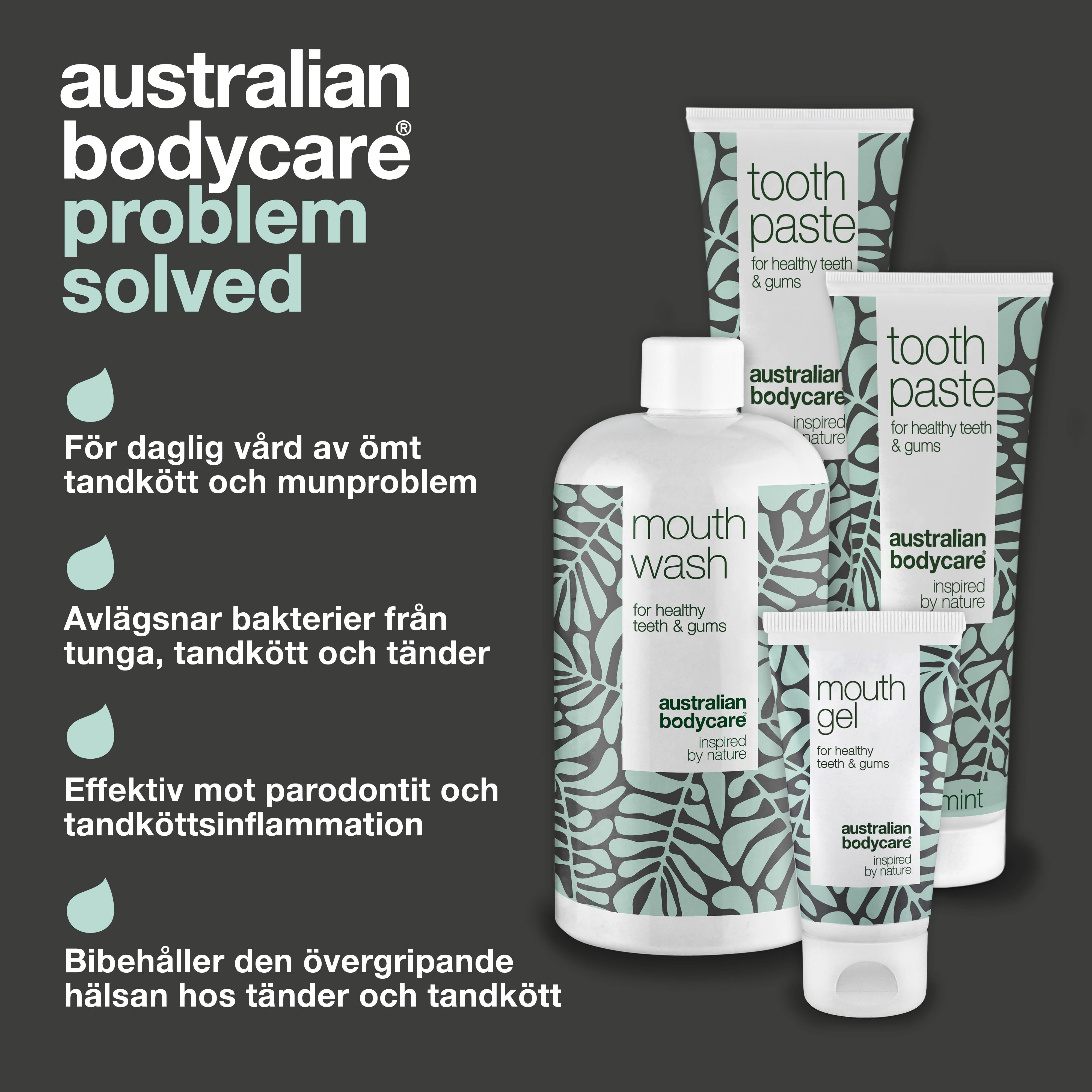 Mundpakken med 4 produkter med Tea Tree Oil — Til daglig pleje ved mundsvamp, paradentose og tandkødsbetændelse