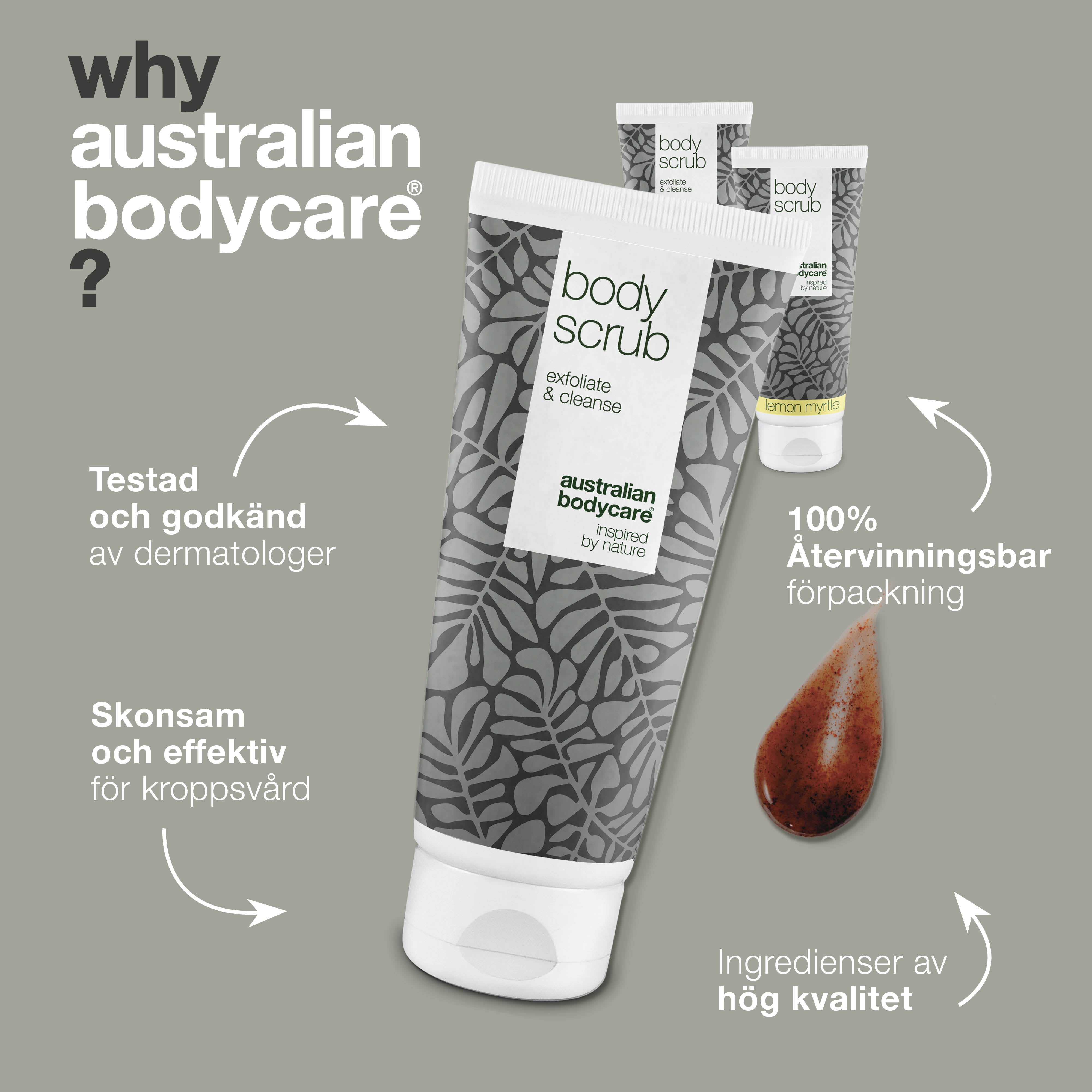 3 Body Scrub  - paketerbjudande — Paketerbjudande med tre body scrub (200 ml): Tea Tree Oil & Lemon Myrtle