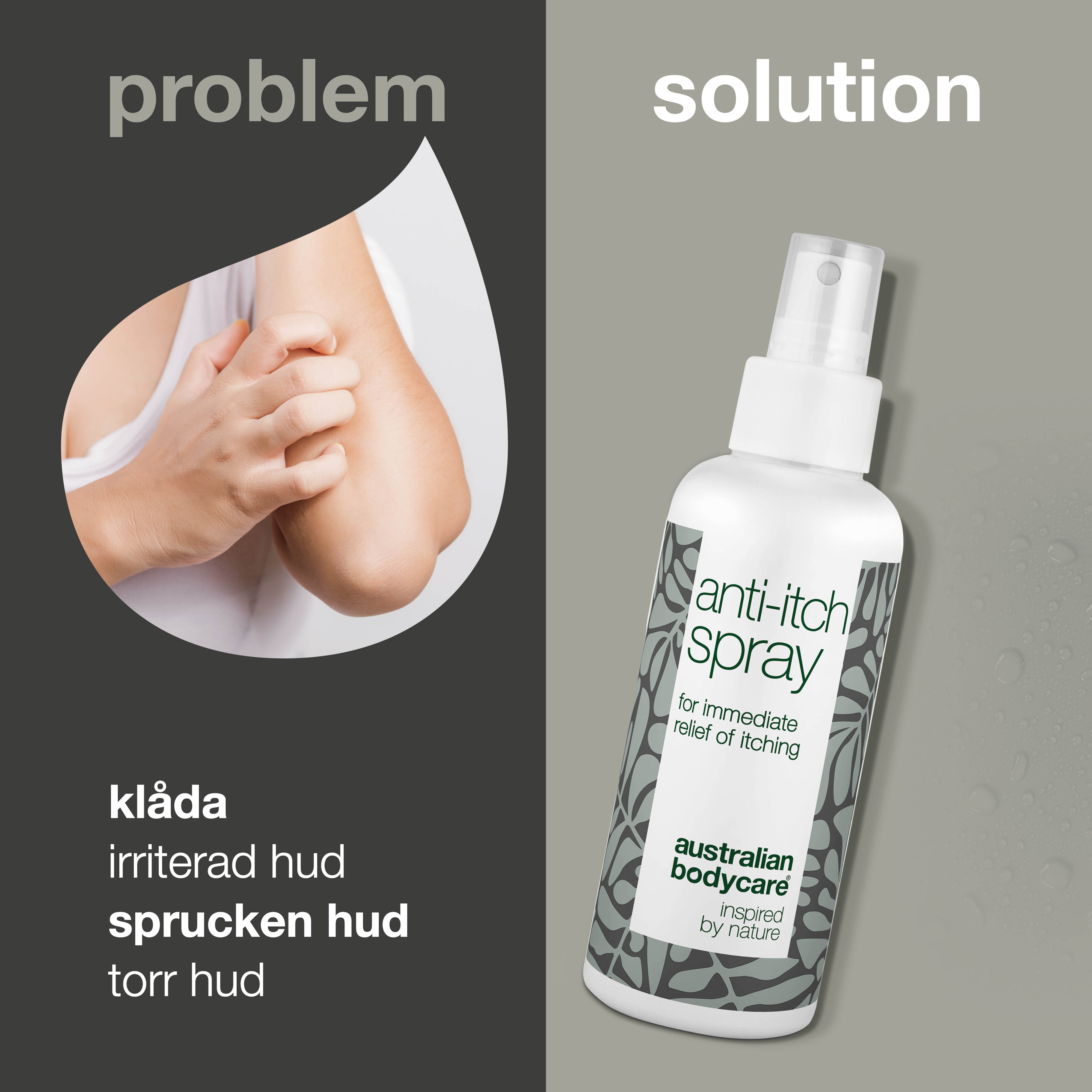 Spray til pleje ved kløende og irriteret hud på kroppen, ryggen & benene — Beroligende og lindrende til irriteret hud