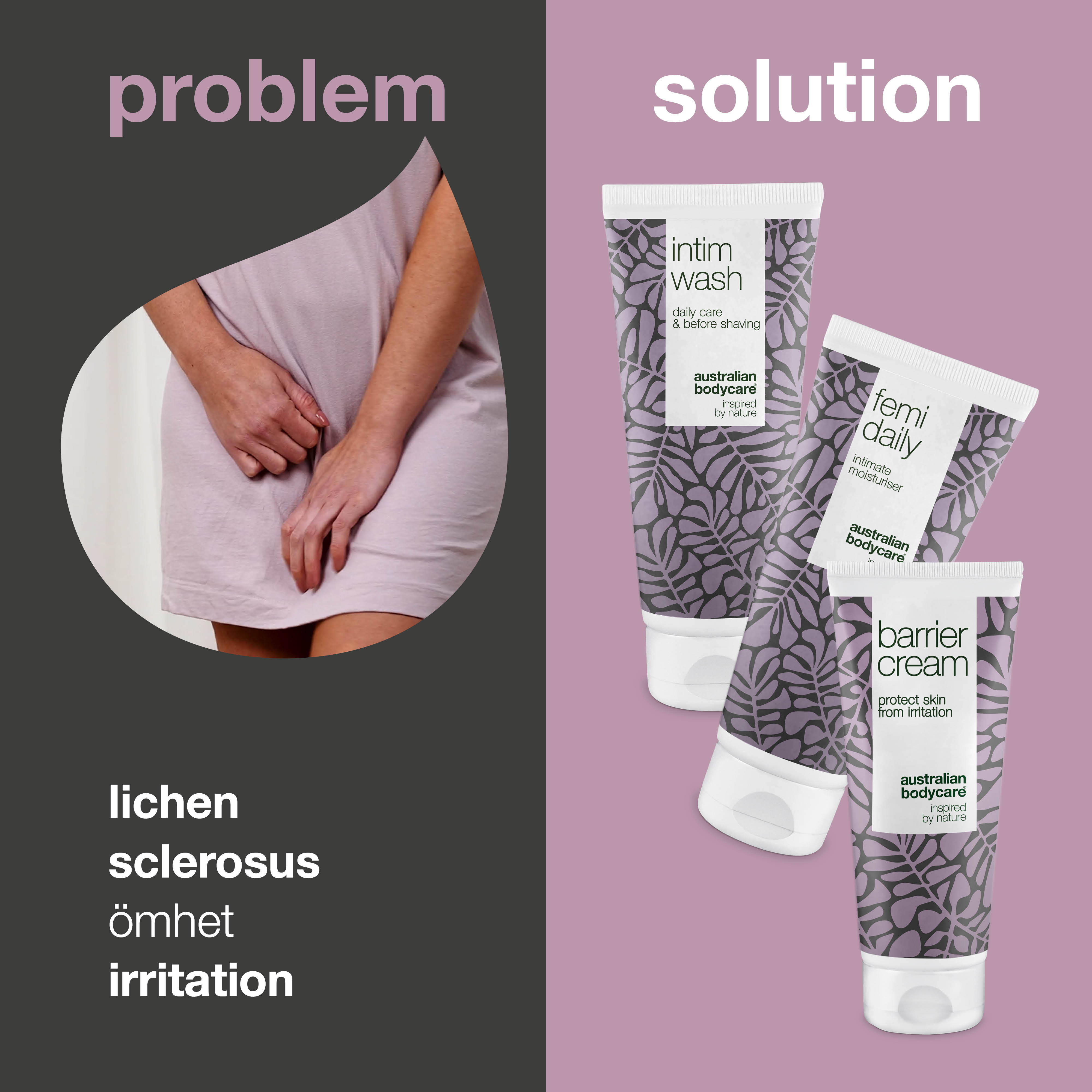 3-pak til pleje ved Lichen Sclerosus — Beroligende intimprodukter plejer og beskytter ved kløe og ømhed