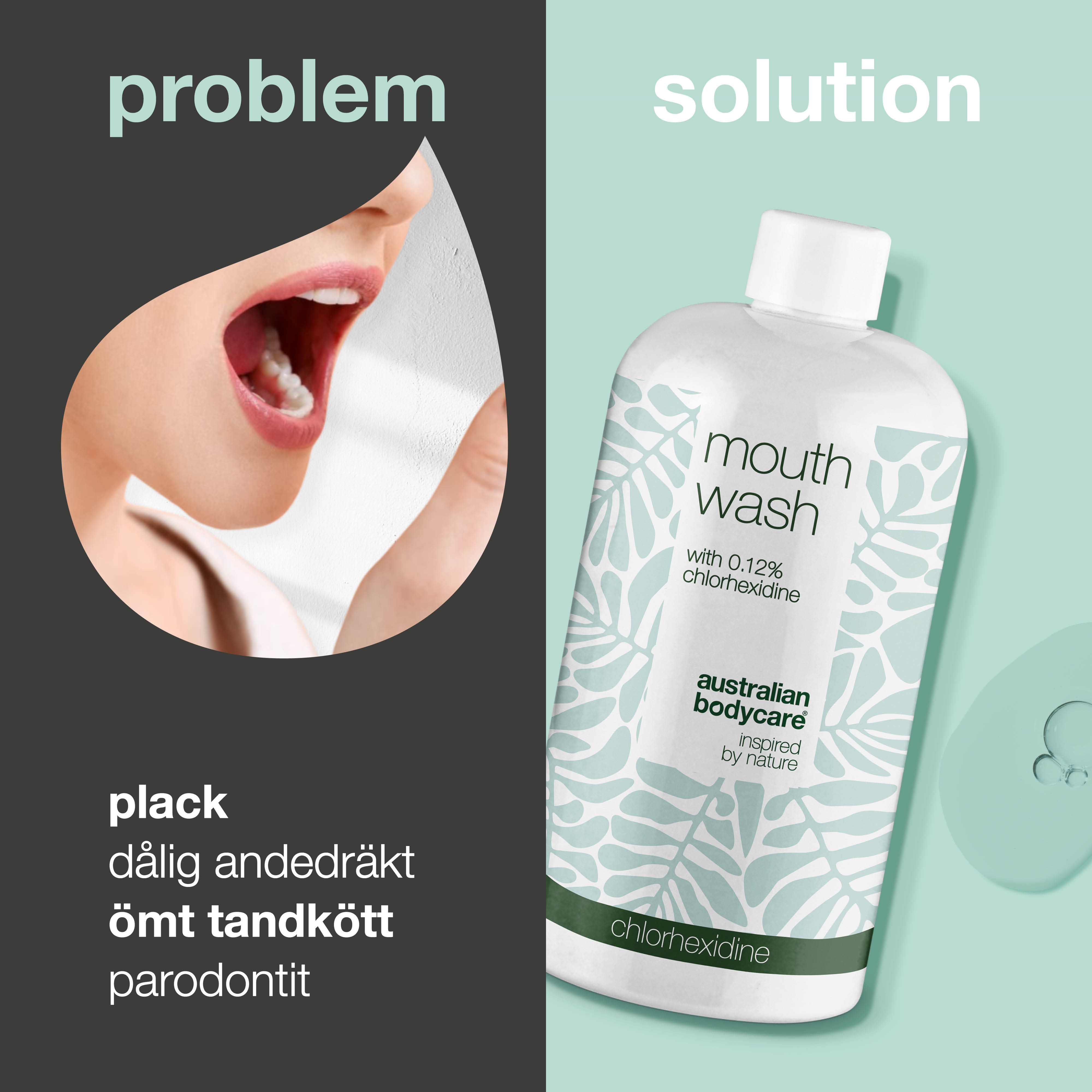 Klorhexidin mundskyl 0,12% med Tea Tree Oil — Mundskyllevæske til daglig pleje af ømt tandkød, paradentose og dårlig ånde