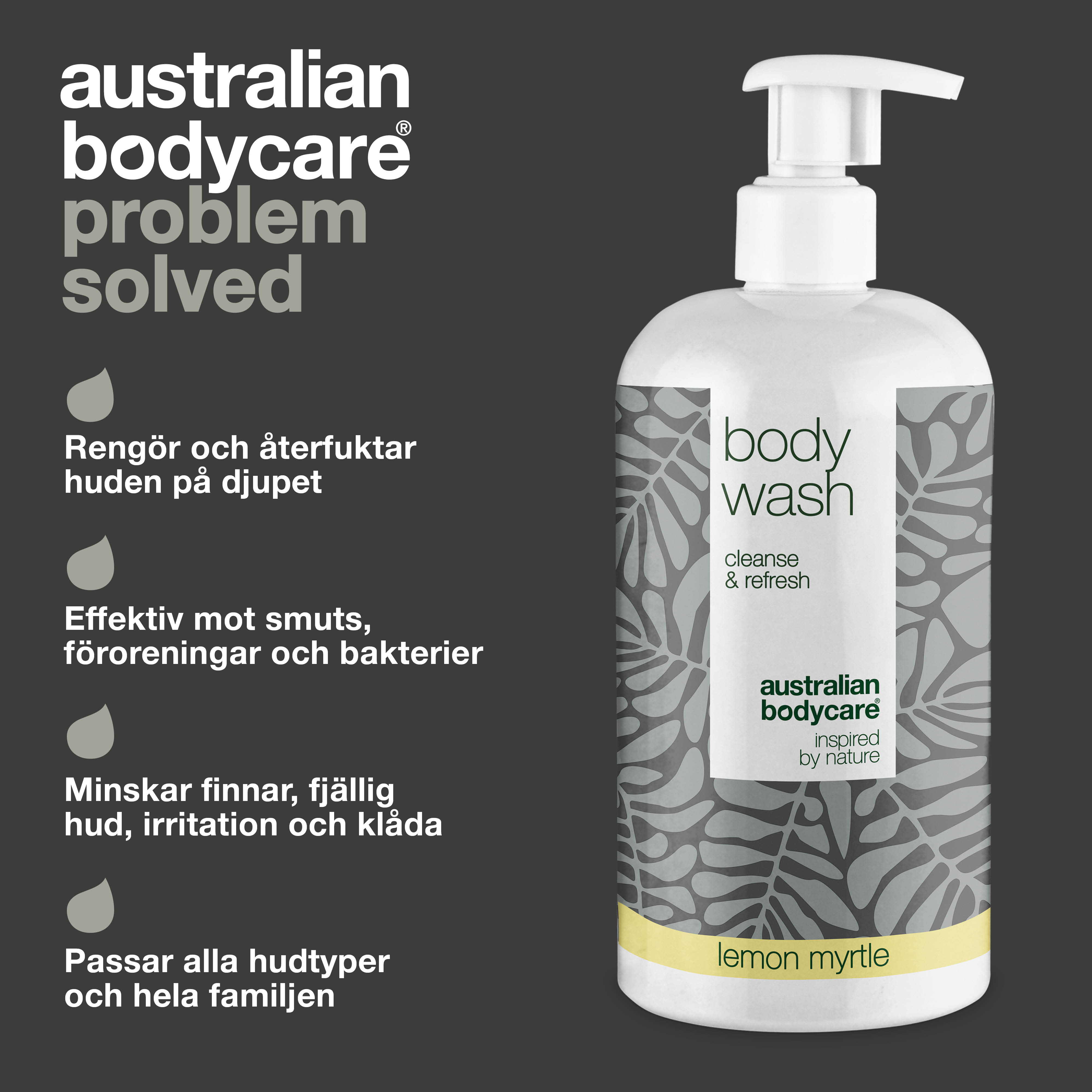 4 för 3 tea tree Body Wash 500 ml med lemon myrtle - paketerbjudande — Paketerbjudande med fyra Body Wash (500 ml): Tea tree oil lemon myrtle