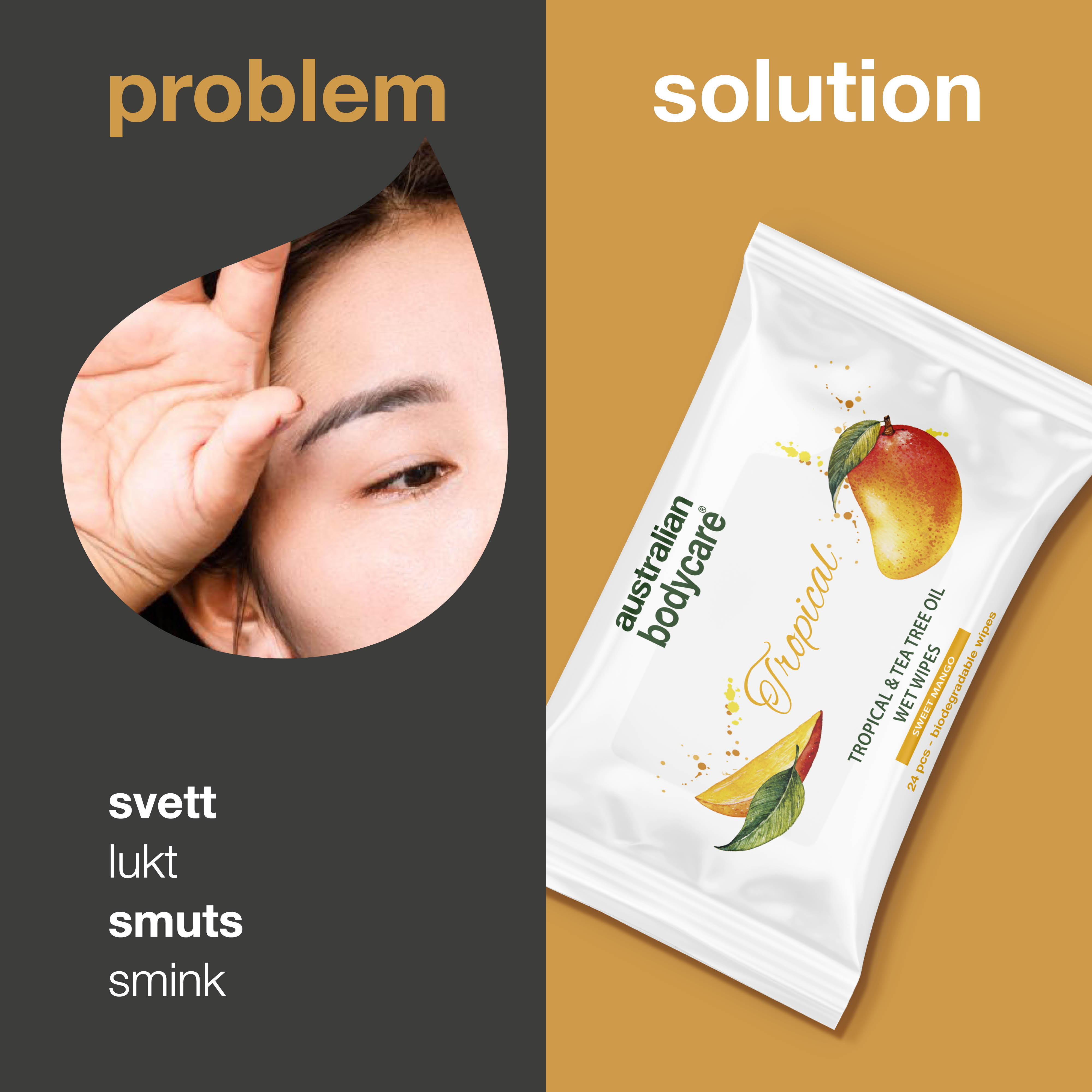 Tropical Vådservietter med Mango & Tea Tree Oil 24 stk. — Til daglig rens af krop og ansigt