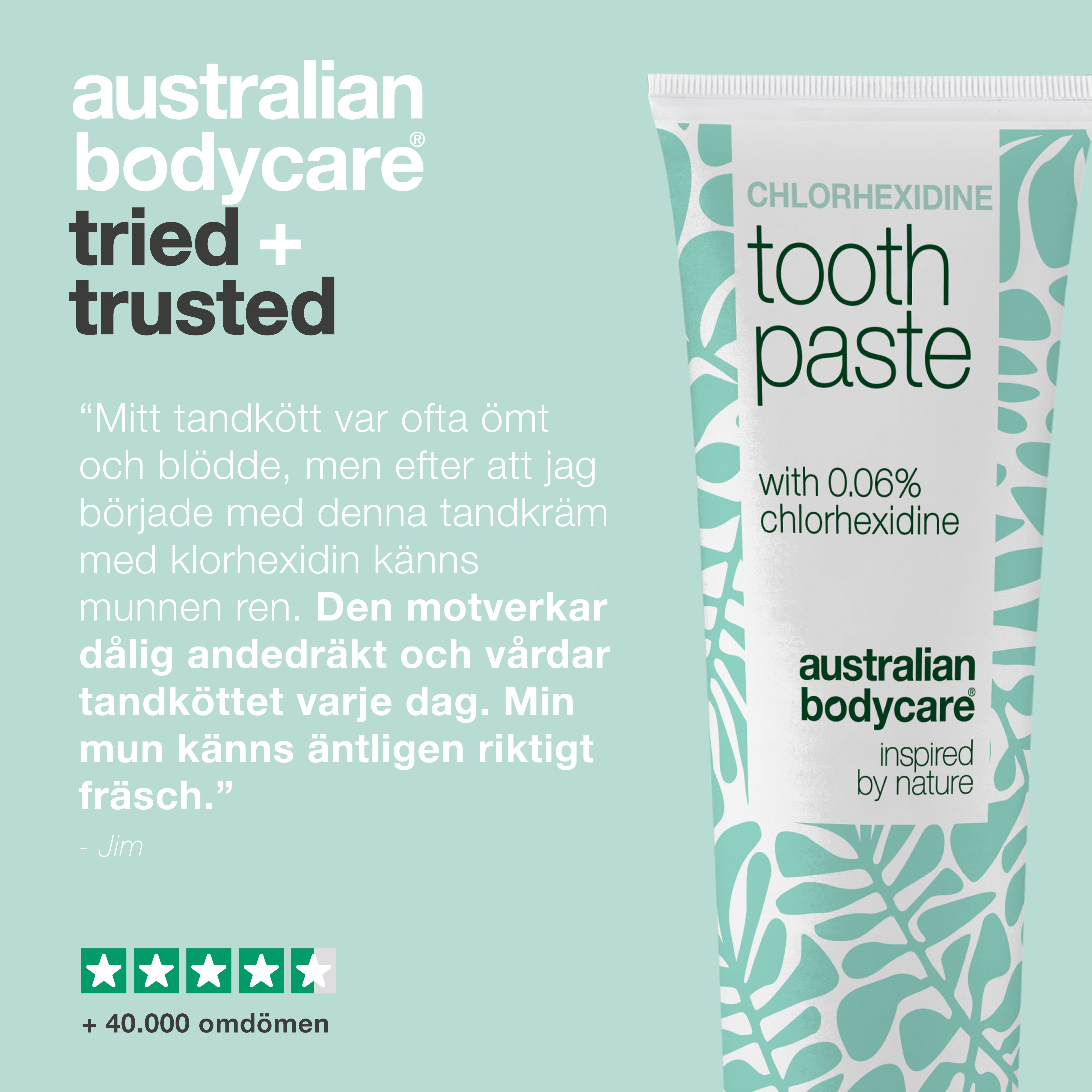 Kundrecension av Australian Bodycare klorhexidin tandkräm om ömt och blödande tandkött som nu känns rent, visad med fyra och en halv stjärna och över 40 000 recensioner.