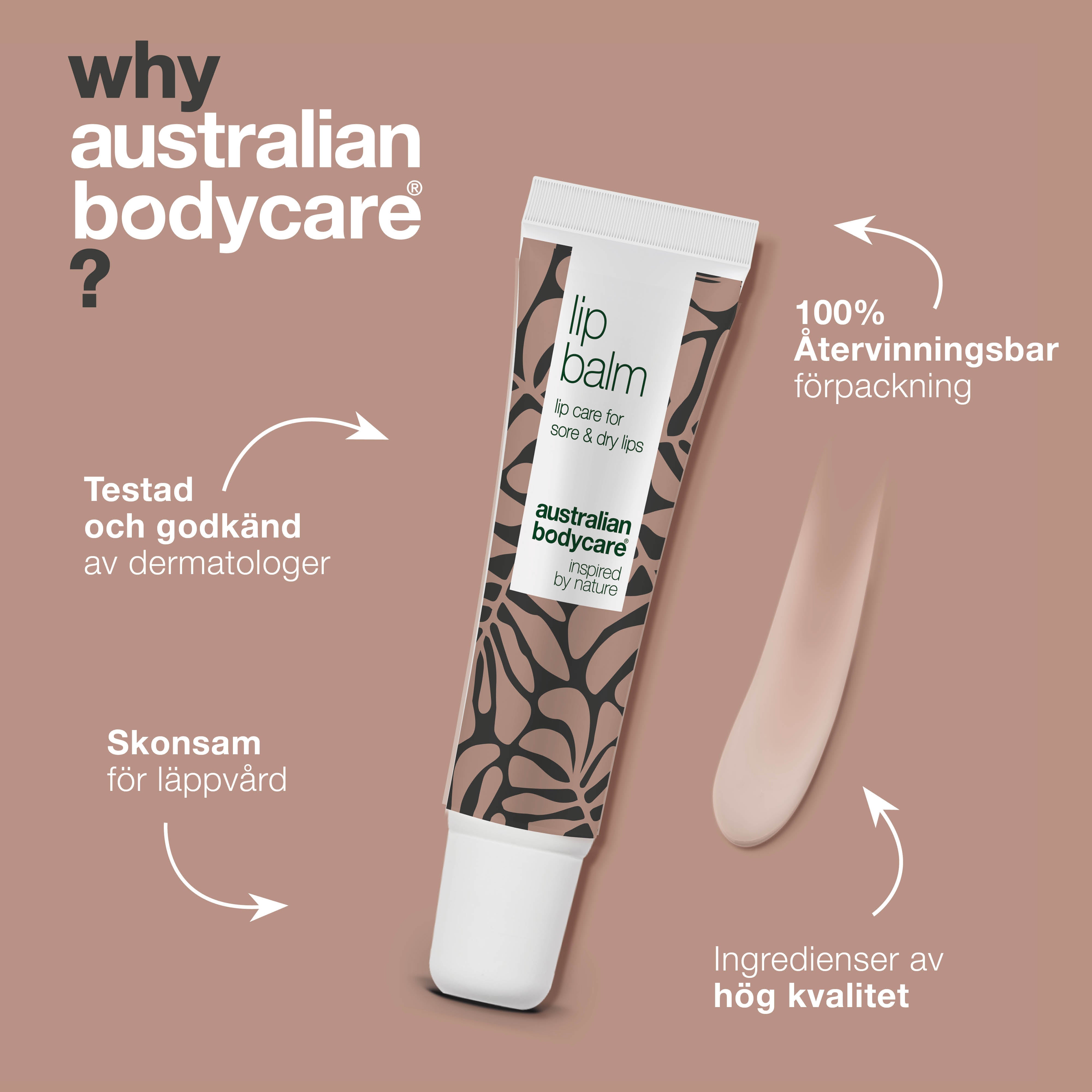 Läppbalsam för vård av torra läppar — Lip balm med tea tree oil för torra läppar och vård av förkylningssår