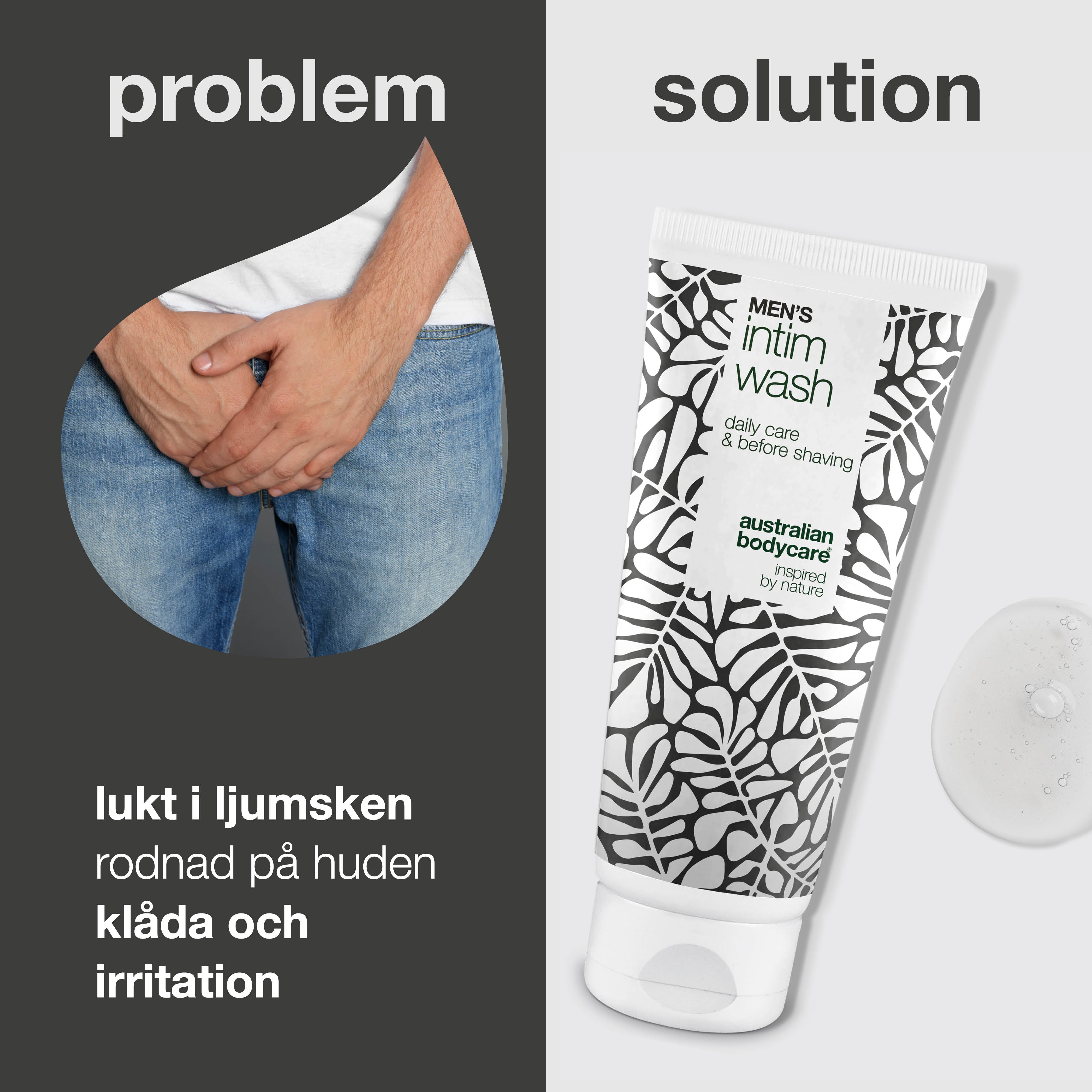 Intimsæbe mænd – Skånsom pleje til daglig intimhygiejne — Effektiv intimsæbe til mænd. Hjælper mod irritation og ubehag i skridtet. Naturlige ingredienser for en sund og velplejet hud.