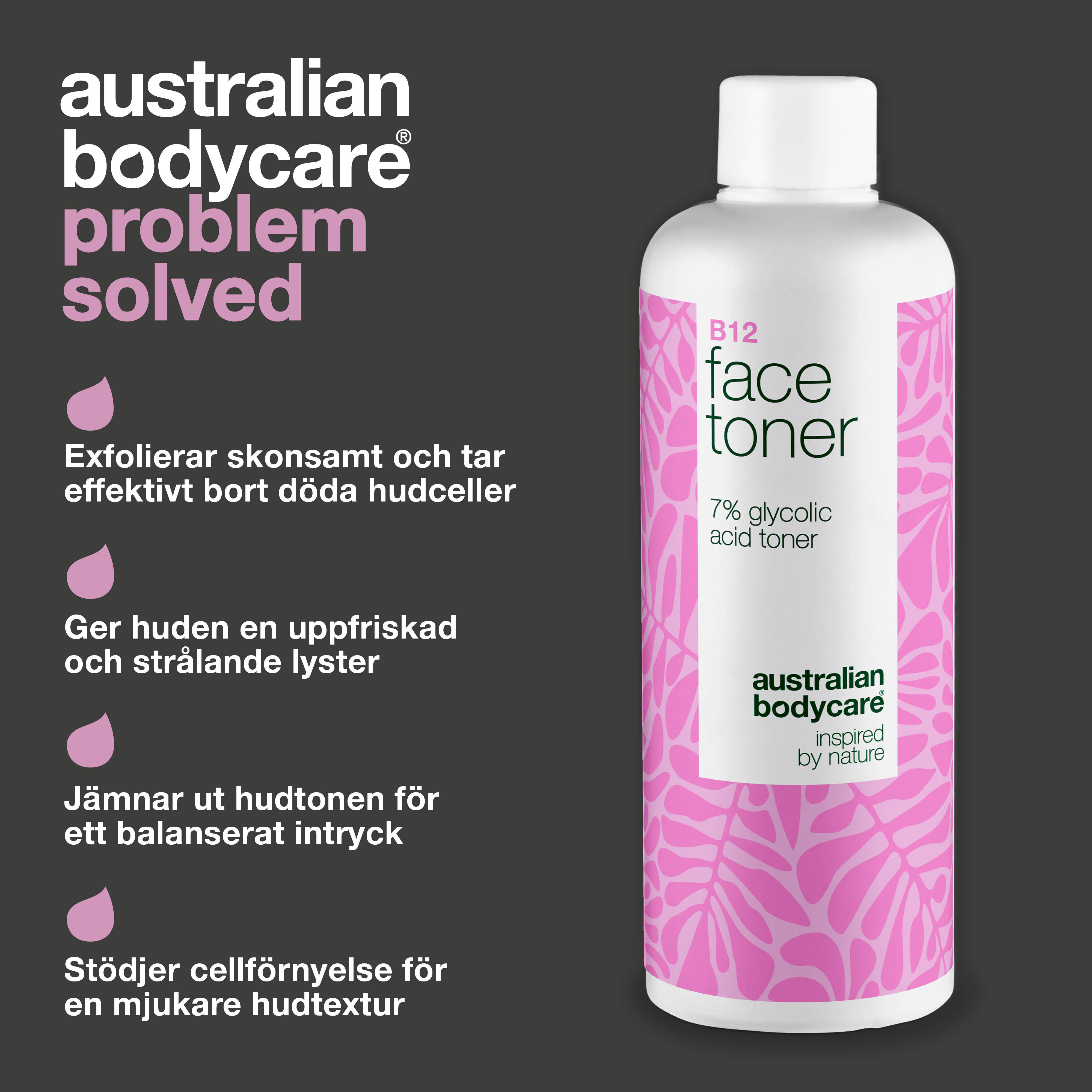 Ansigtstoner med B12 og 7% Glycolic Acid for jævn hudtone — Eksfolierende toner med B12 og 7% Glycolic Acid – fjerner døde hudceller, giver ny glød og fremmer en jævn hudtone.