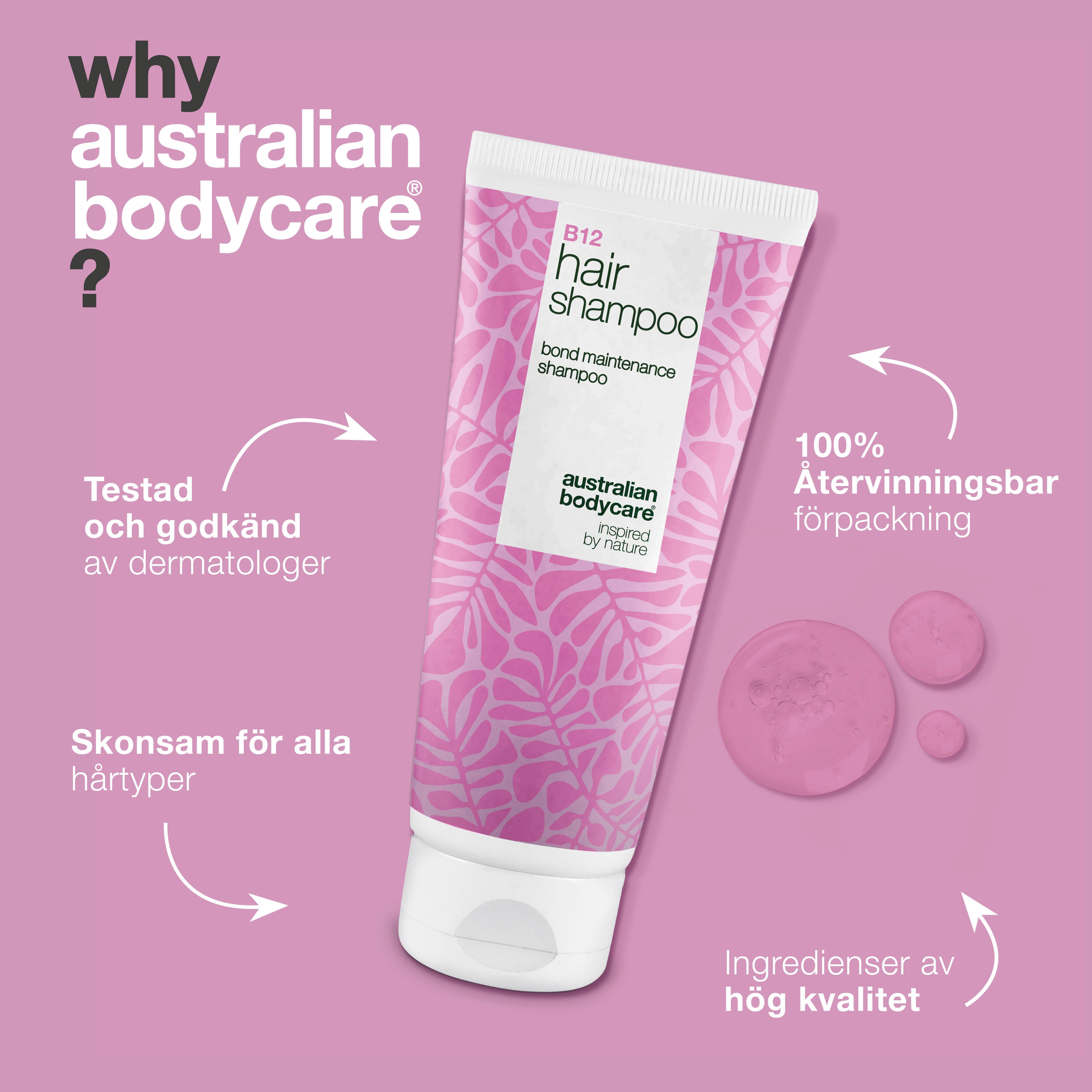 Vitamin B12 Hårschampo stärker och reparerar skadat hår med bond-effekt som återuppbygger hårfibrerna.