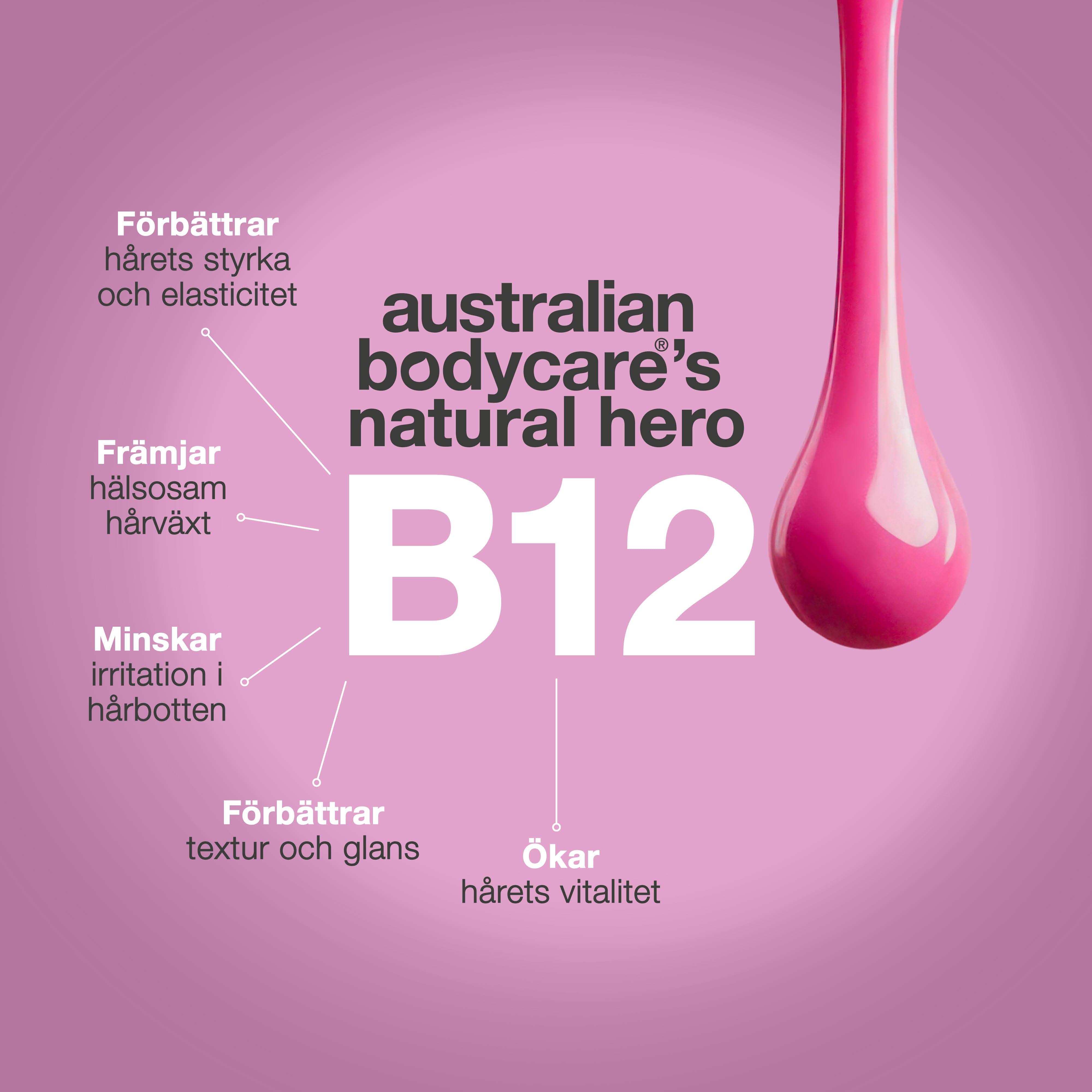 B12-vitamin från Australian Bodycare förbättrar hårets styrka och elasticitet, främjar sund hårväxt och ger glans