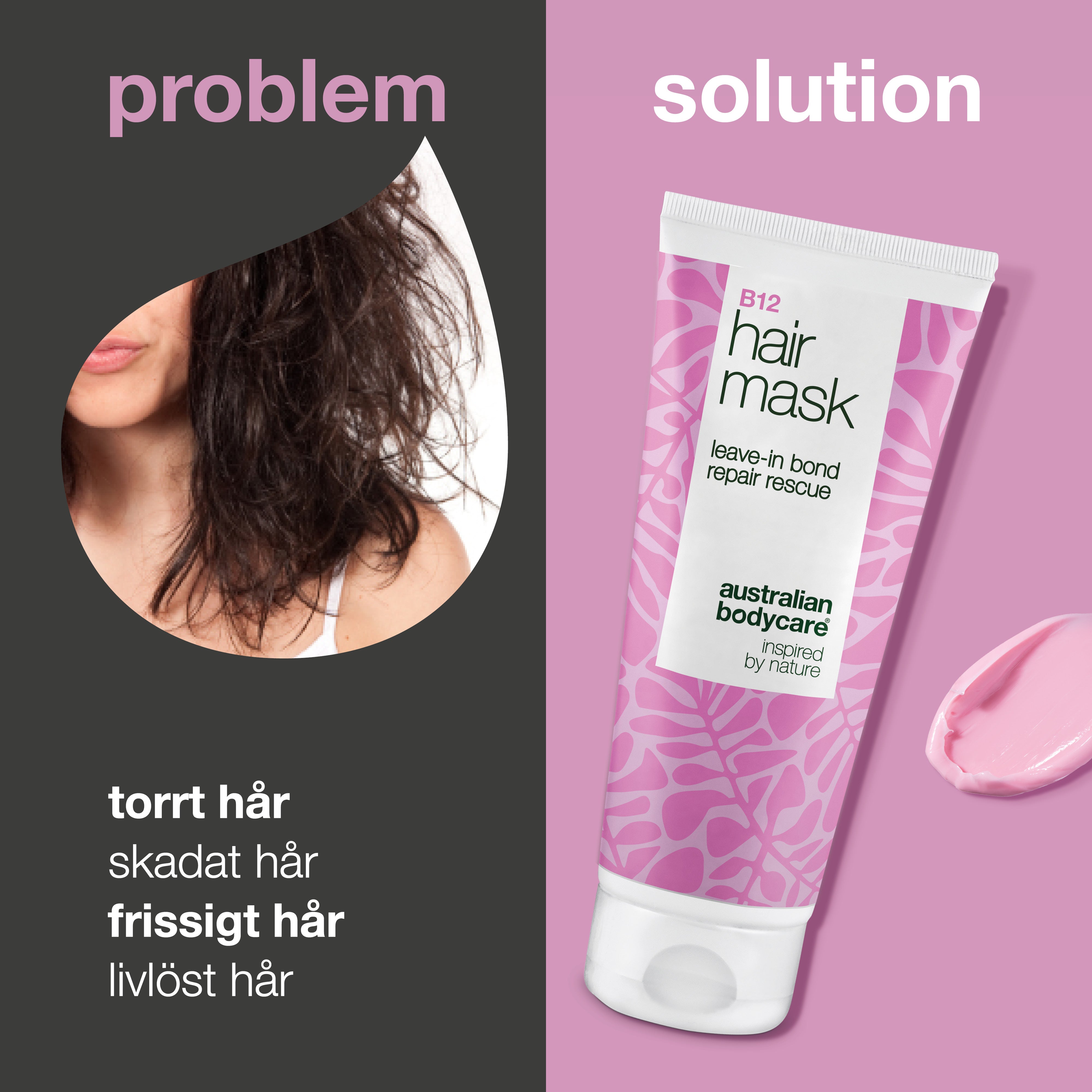 Problem och lösning: torrt, skadat, frissigt och matt hår mot B12 Hårinpackning från Australian Bodycare
