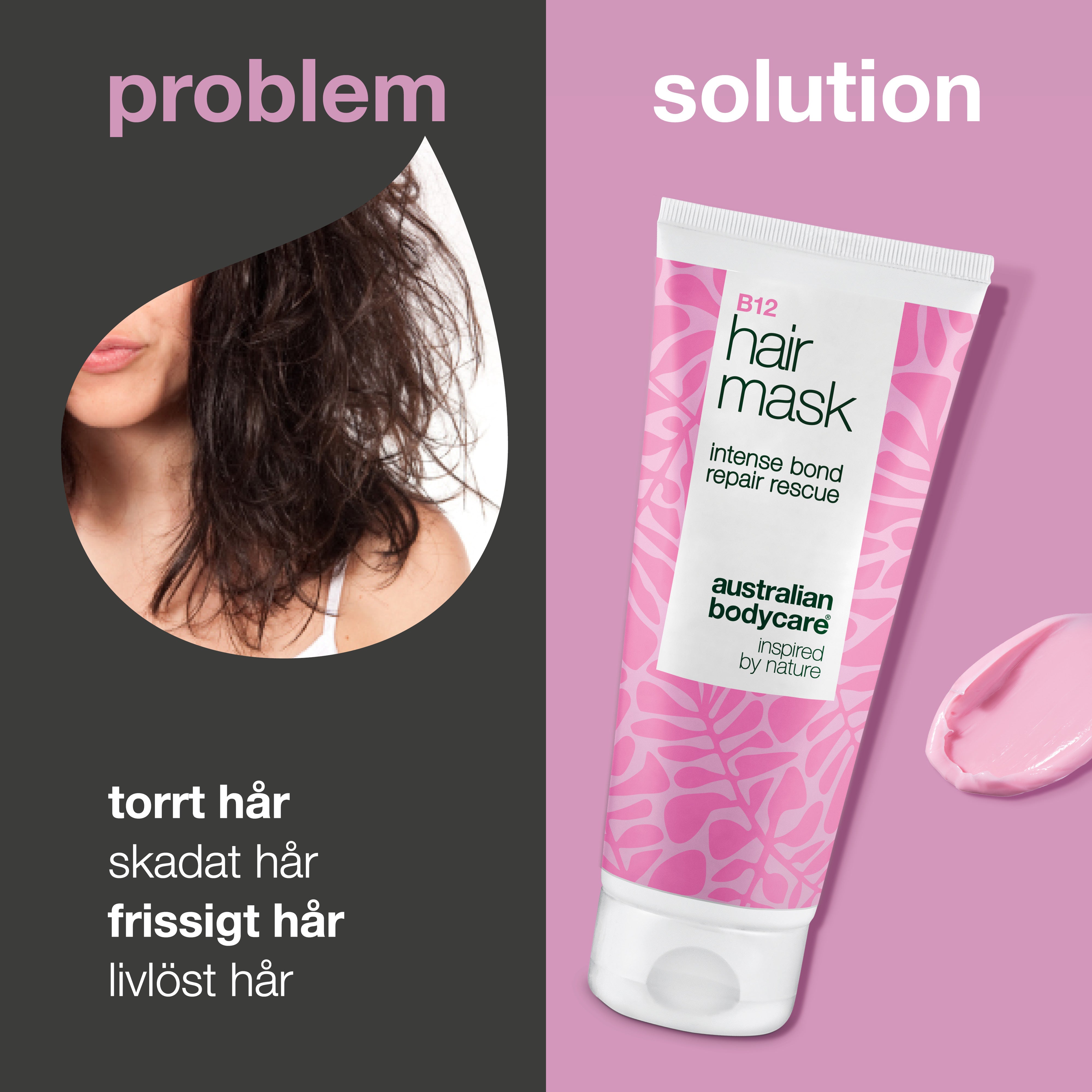 Problem och lösning: torrt, skadat, frissigt och matt hår mot B12 Hårinpackning från Australian Bodycare