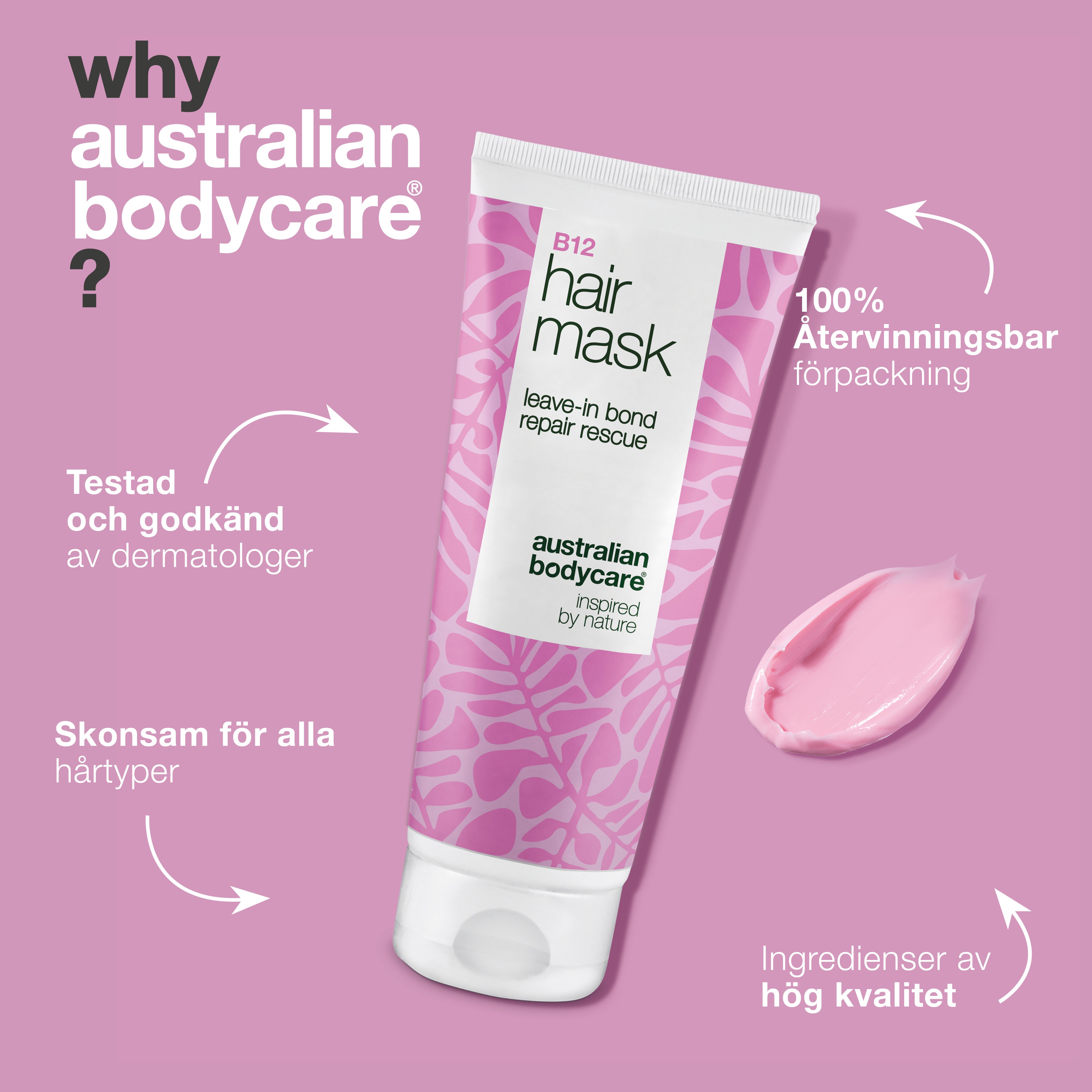 B12 Hårinpackning är dermatologiskt testad, skonsam för alla hårtyper och har 100 % återvinningsbar förpackning