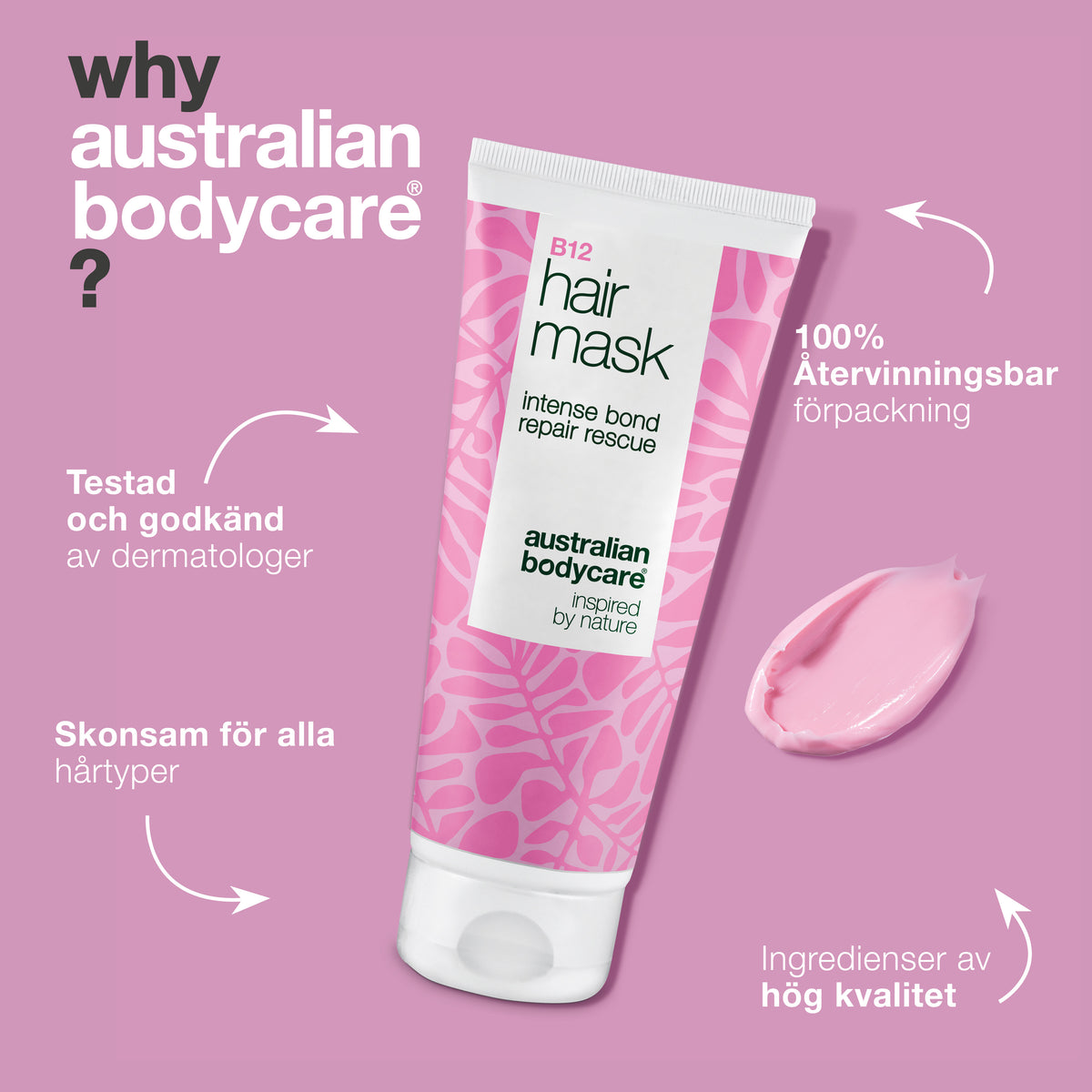 B12 Hårinpackning är dermatologiskt testad, skonsam för alla hårtyper och har 100 % återvinningsbar förpackning
