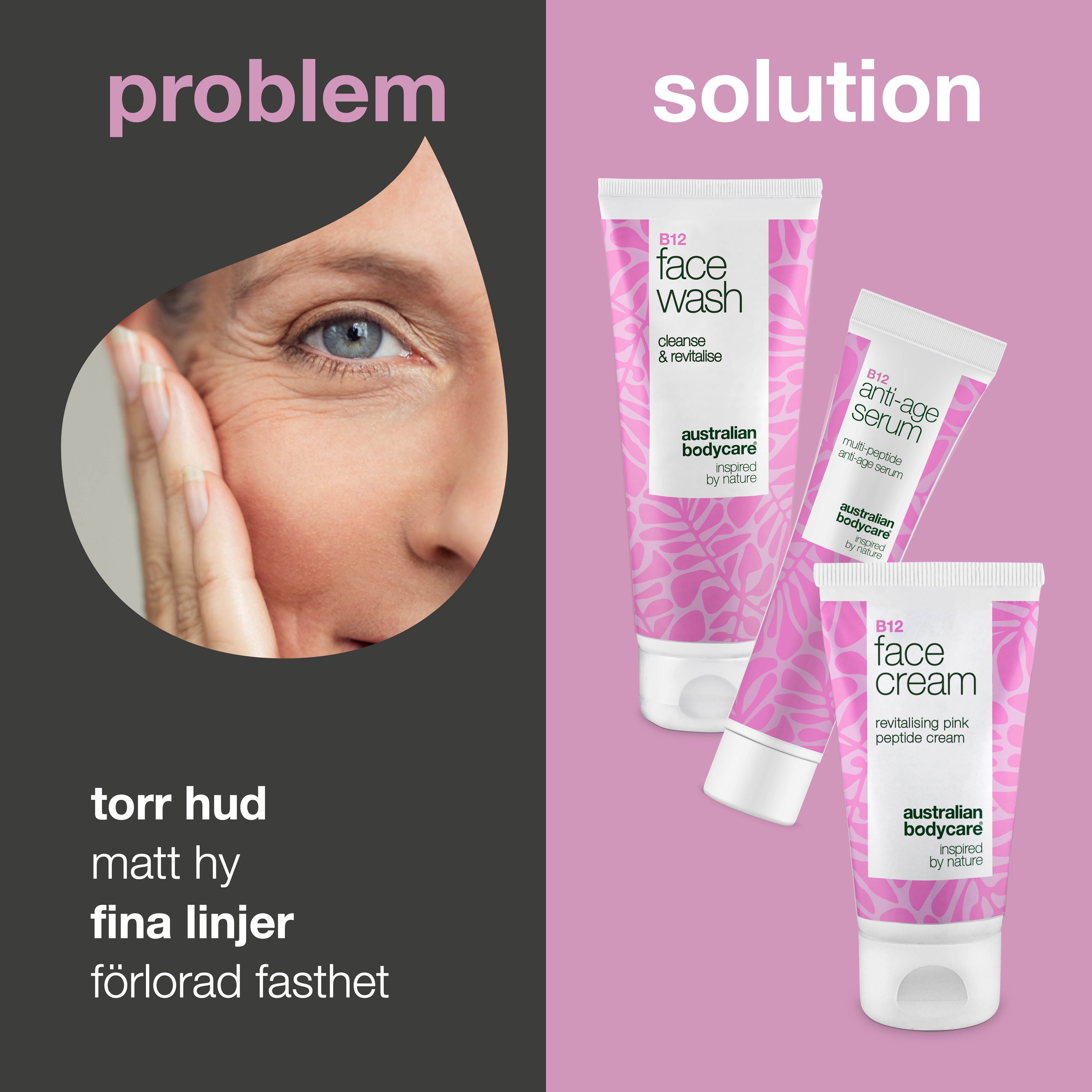 Ansigtsrens, Serum og Creme med B12 til Moden Hud — Effektiv hudpleje til moden hud med B12. Rens, serum og creme for fasthed og strålende hud.