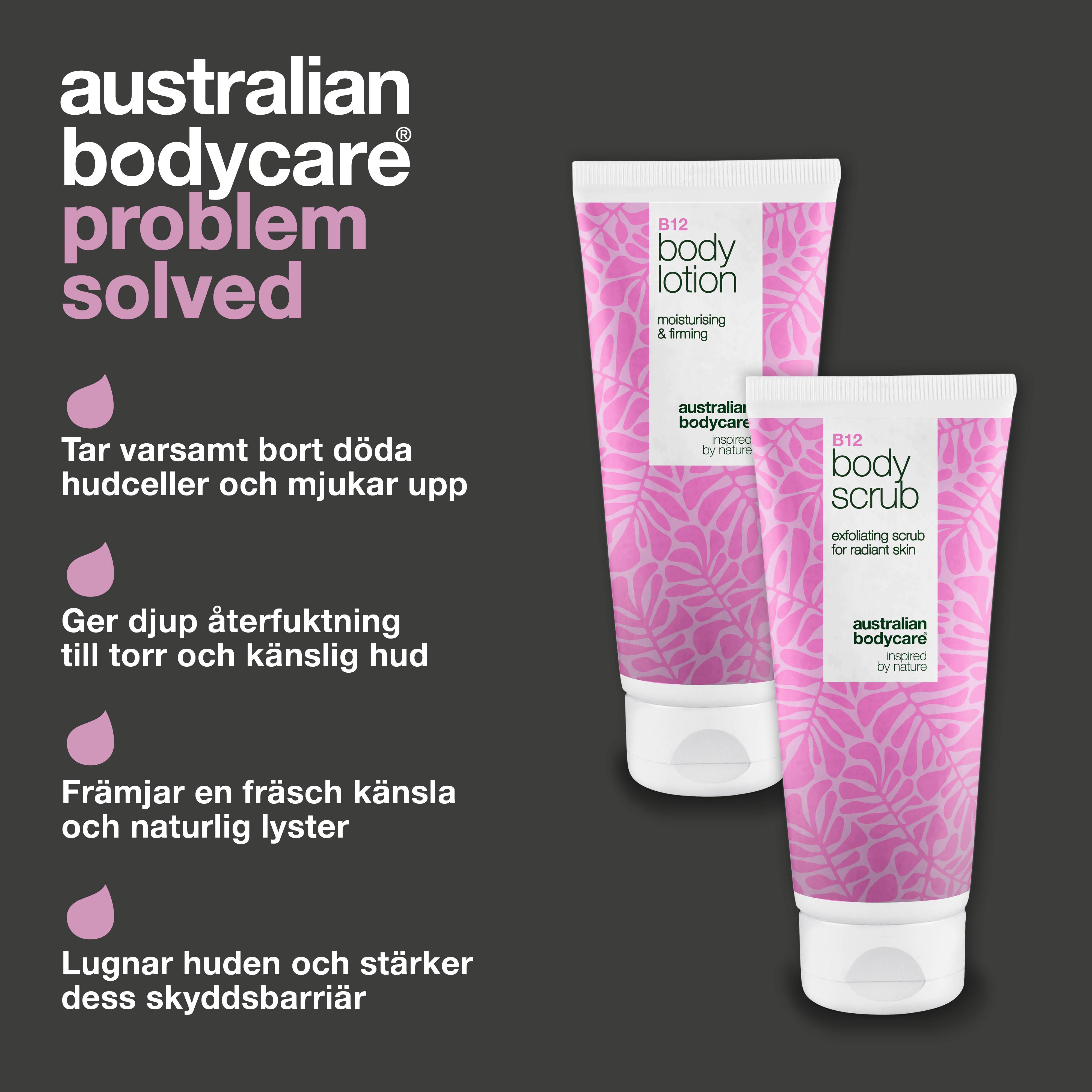 B12-hudvårdsset för torr hud – Exfoliering & djupverkande fuktvård — Fuktgivande B12 Body Scrub & Lotion för torr och känslig hud.