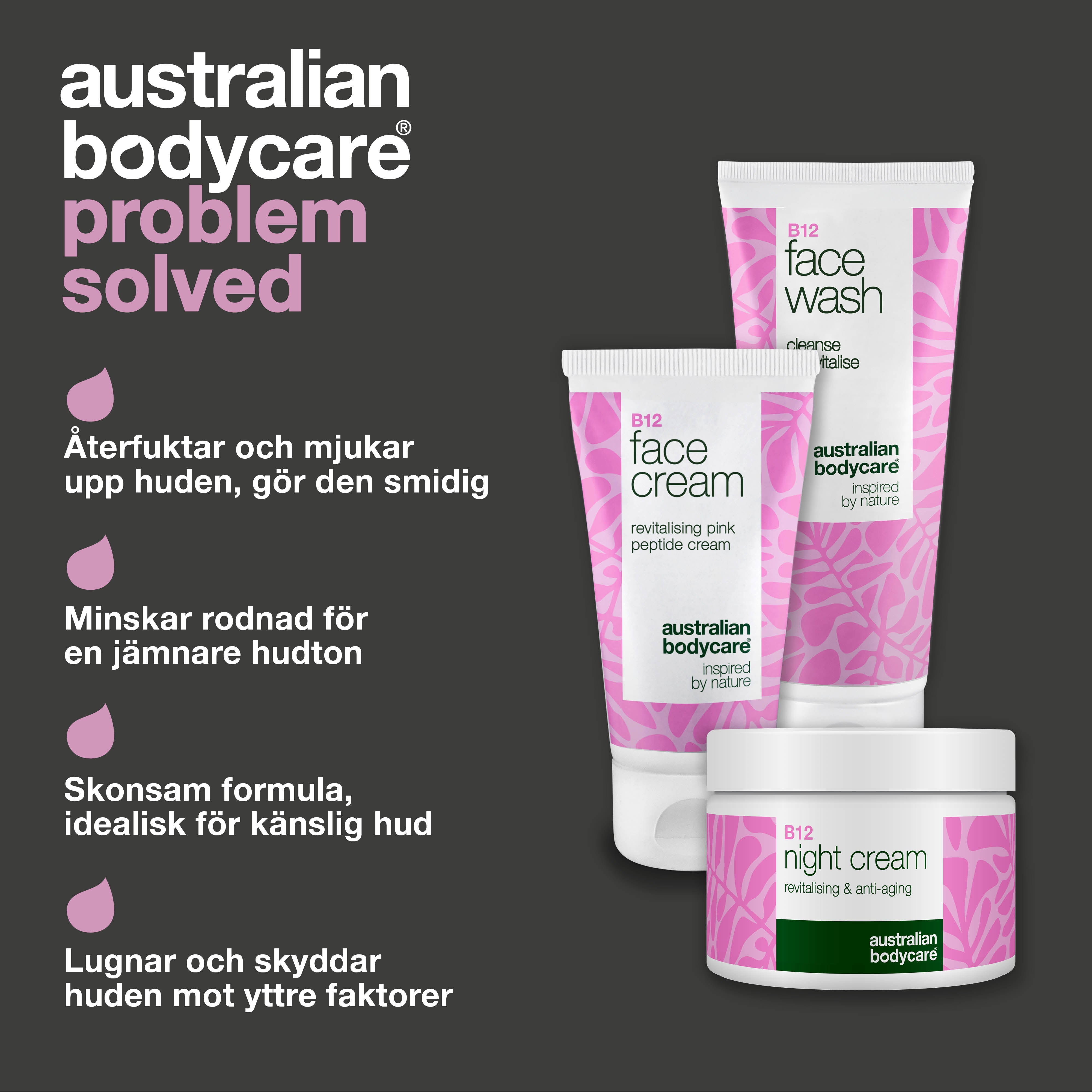 B12 Hudplejesæt mod rødme – Ansigtsrens, dag- og natcreme — B12 hudpleje til rødme og tendens til rosacea. Rens, dagcreme og natcreme der beroliger og fugter.