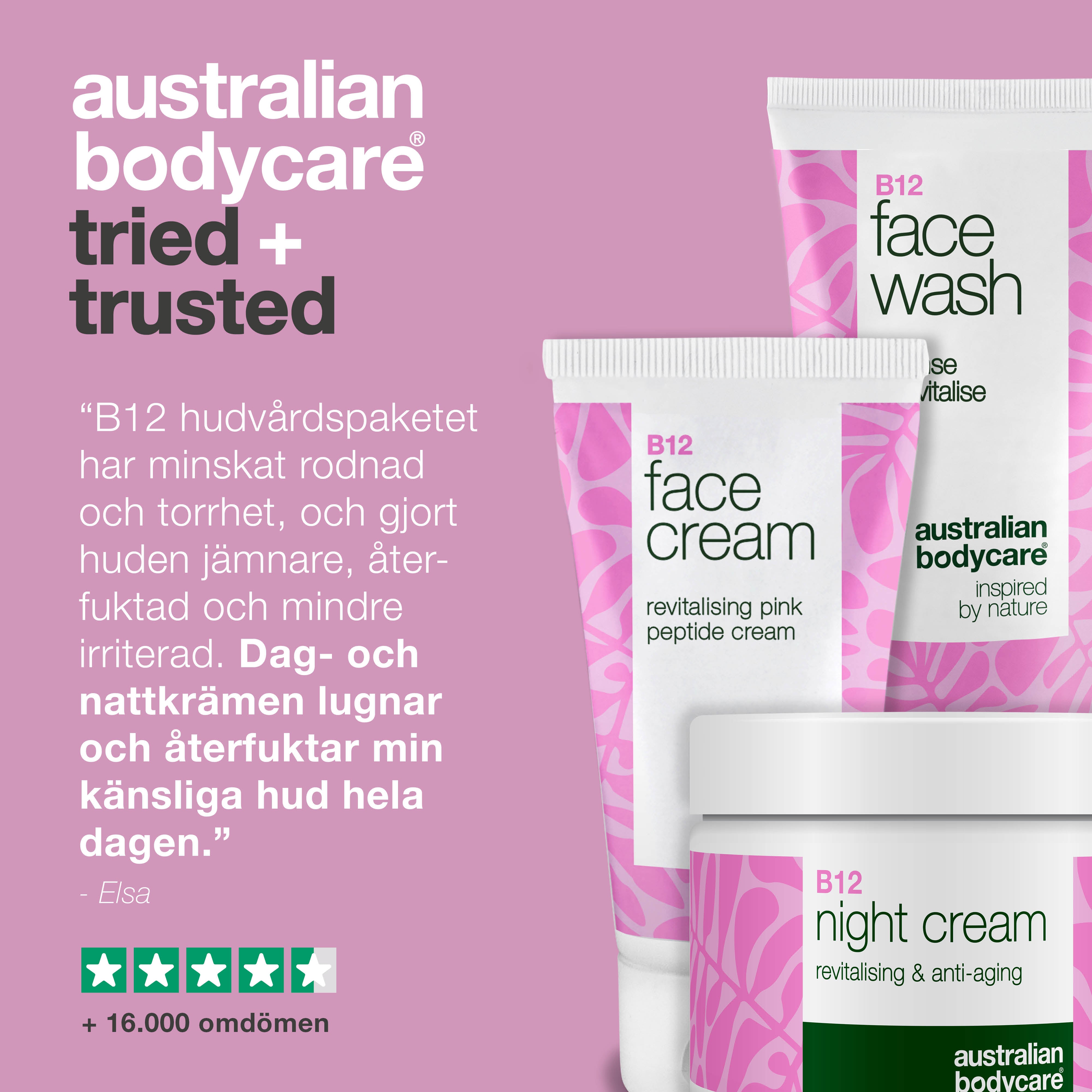 B12 Hudplejesæt mod rødme – Ansigtsrens, dag- og natcreme — B12 hudpleje til rødme og tendens til rosacea. Rens, dagcreme og natcreme der beroliger og fugter.