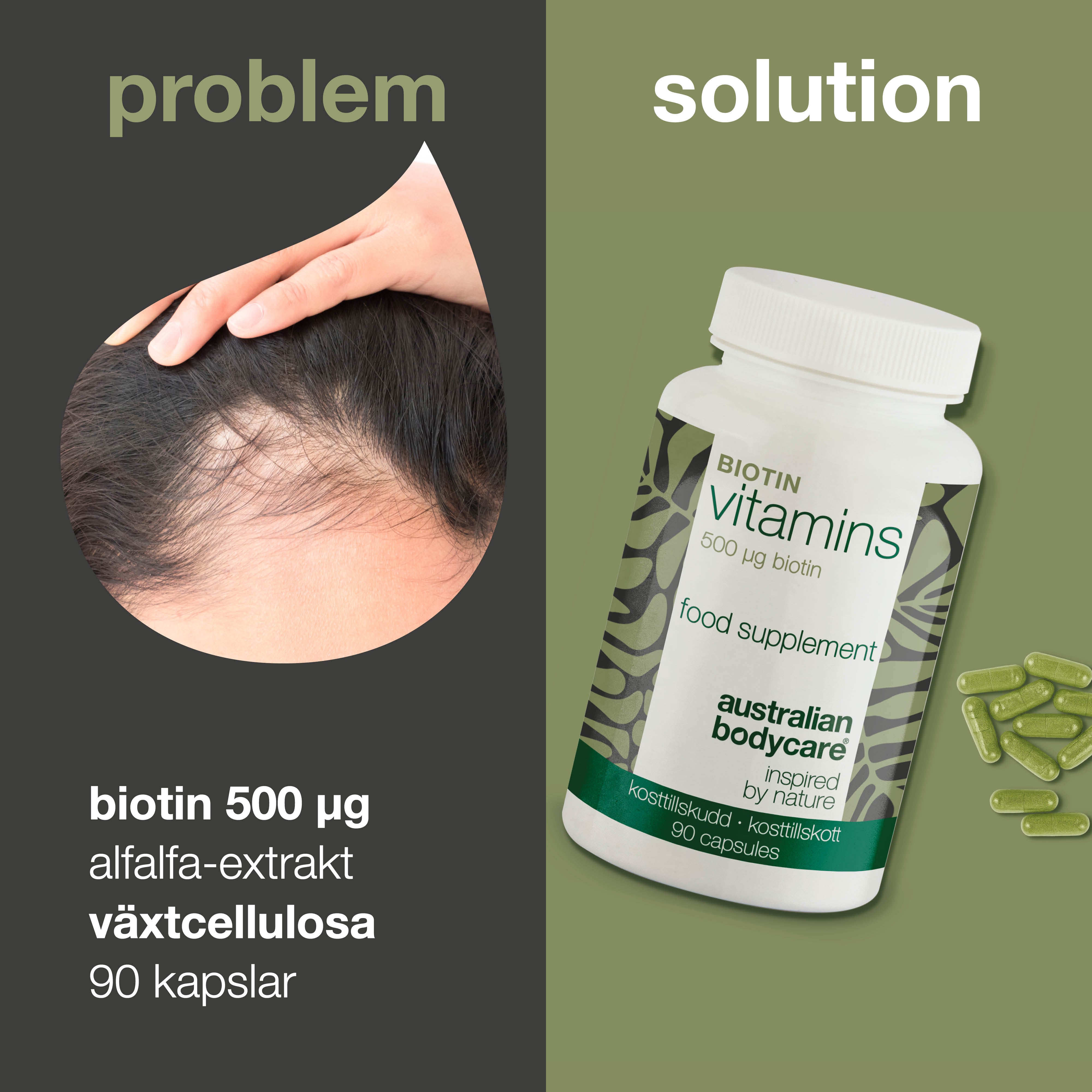 Kosttillskott Biotin 500 µg – vitamin B7 – 90 st — Kosttillskott med biotin 500 µg – stödjer hud, hår och slemhinnor. Huvudingredienser: biotin, Medicago sativa och cellulosa.