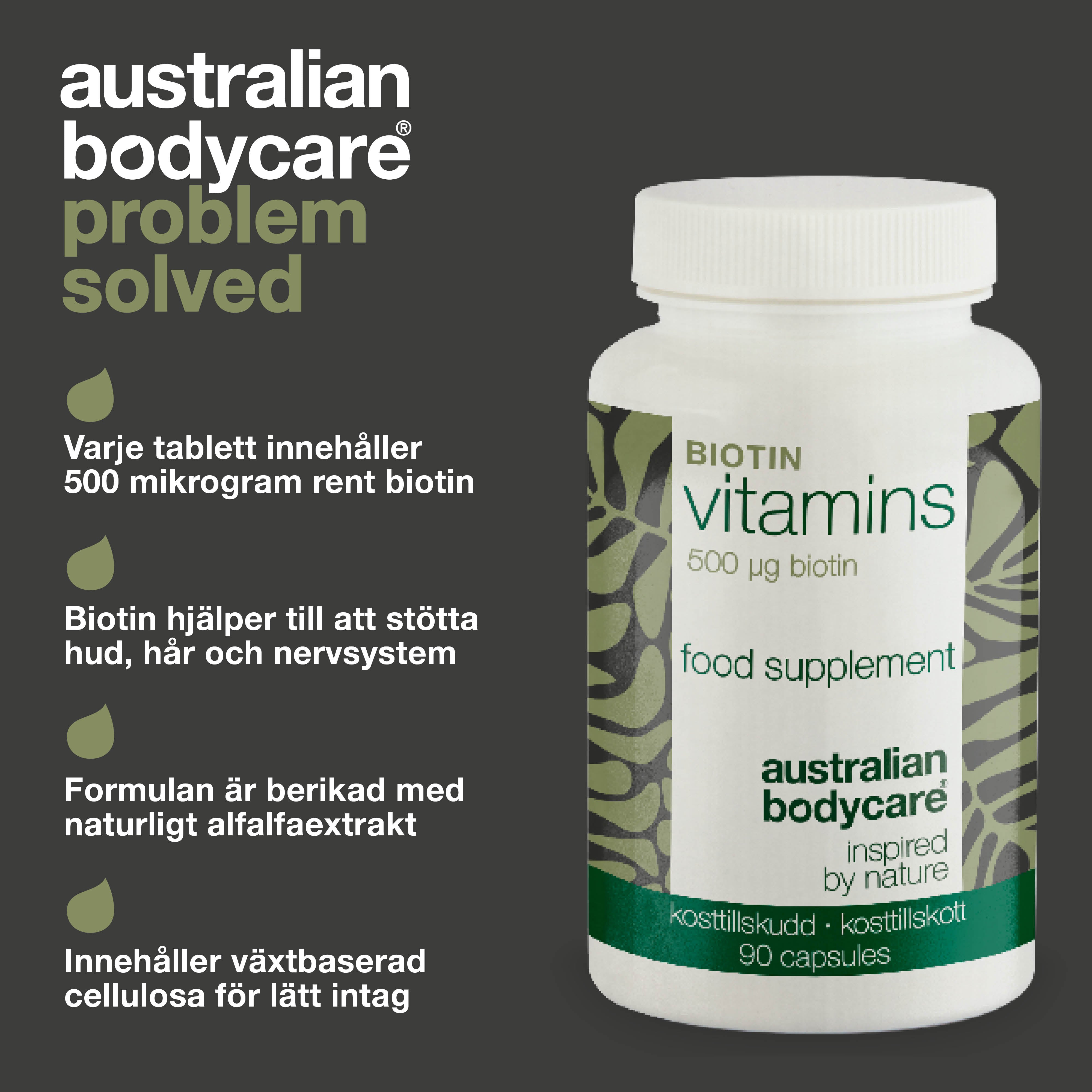Kosttillskott Biotin 500 µg – vitamin B7 – 90 st — Kosttillskott med biotin 500 µg – stödjer hud, hår och slemhinnor. Huvudingredienser: biotin, Medicago sativa och cellulosa.