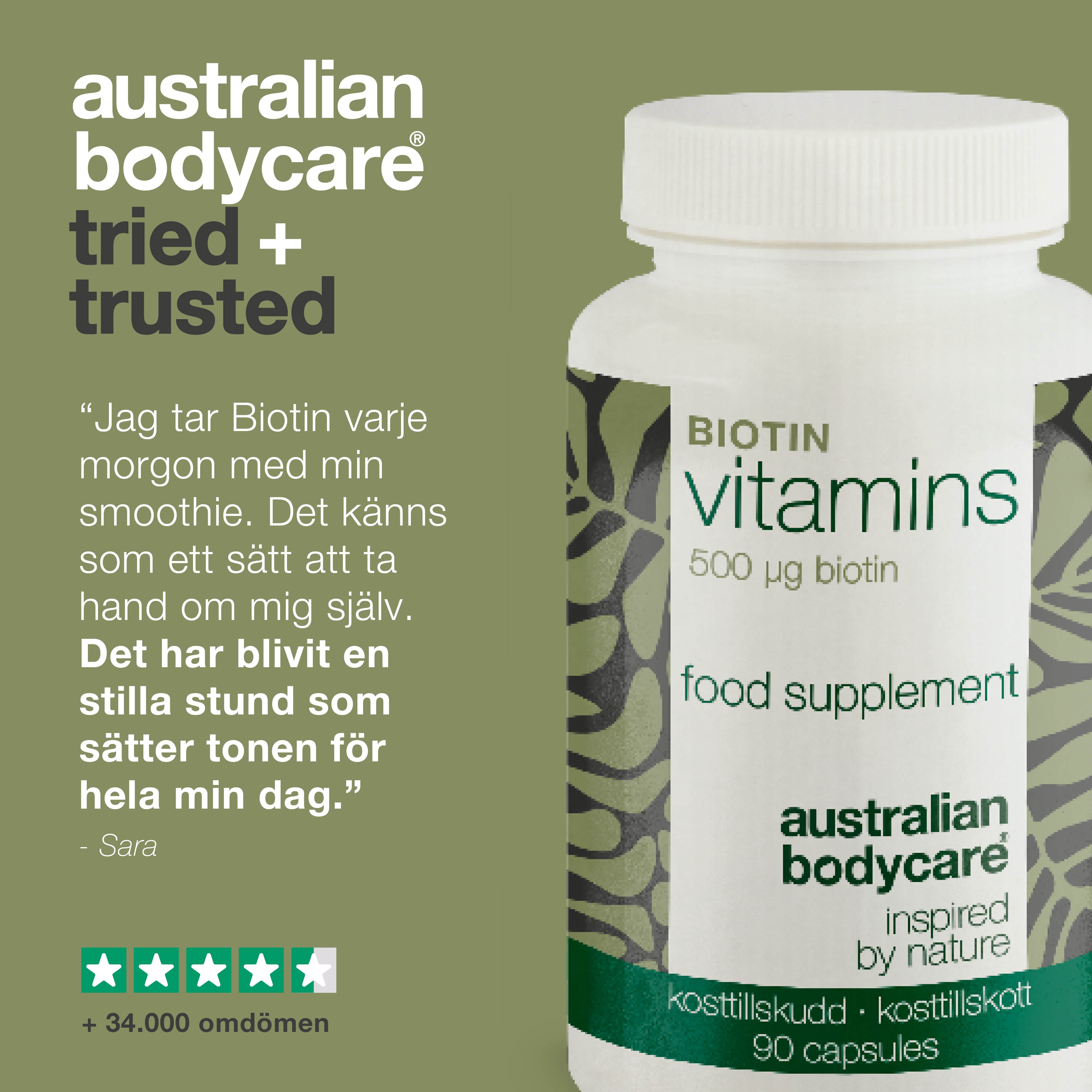 Kosttillskott Biotin 500 µg – vitamin B7 – 90 st — Kosttillskott med biotin 500 µg – stödjer hud, hår och slemhinnor. Huvudingredienser: biotin, Medicago sativa och cellulosa.