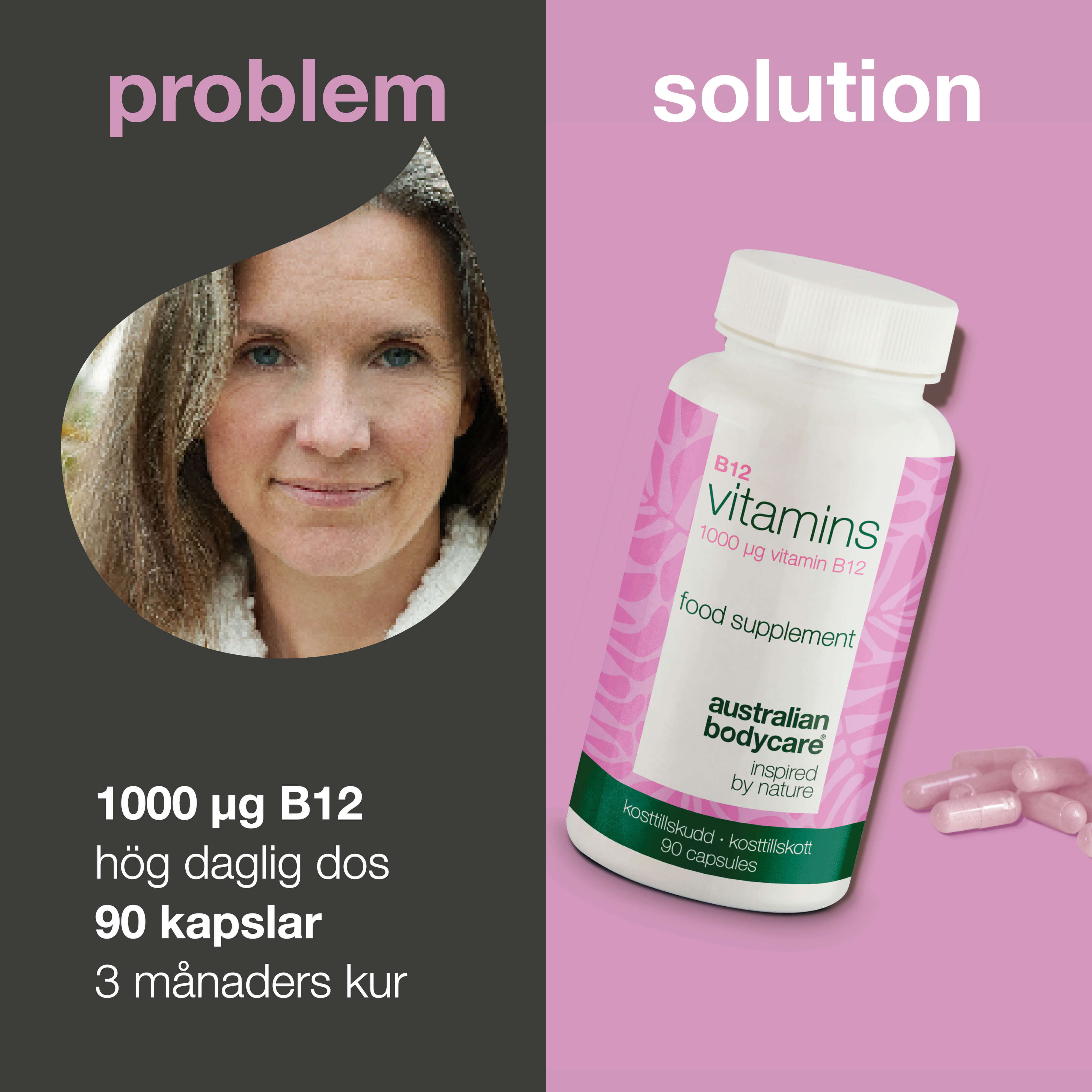 Vitamin B12 Kosttillskott – 90 Veganska Kapslar, 1000 µg — Vitamin B12 i hög dos – 1000 µg per kapsel. 90 veganska kapslar ger 90 dagars användning. Stöd för energi och vegansk kosthållning.