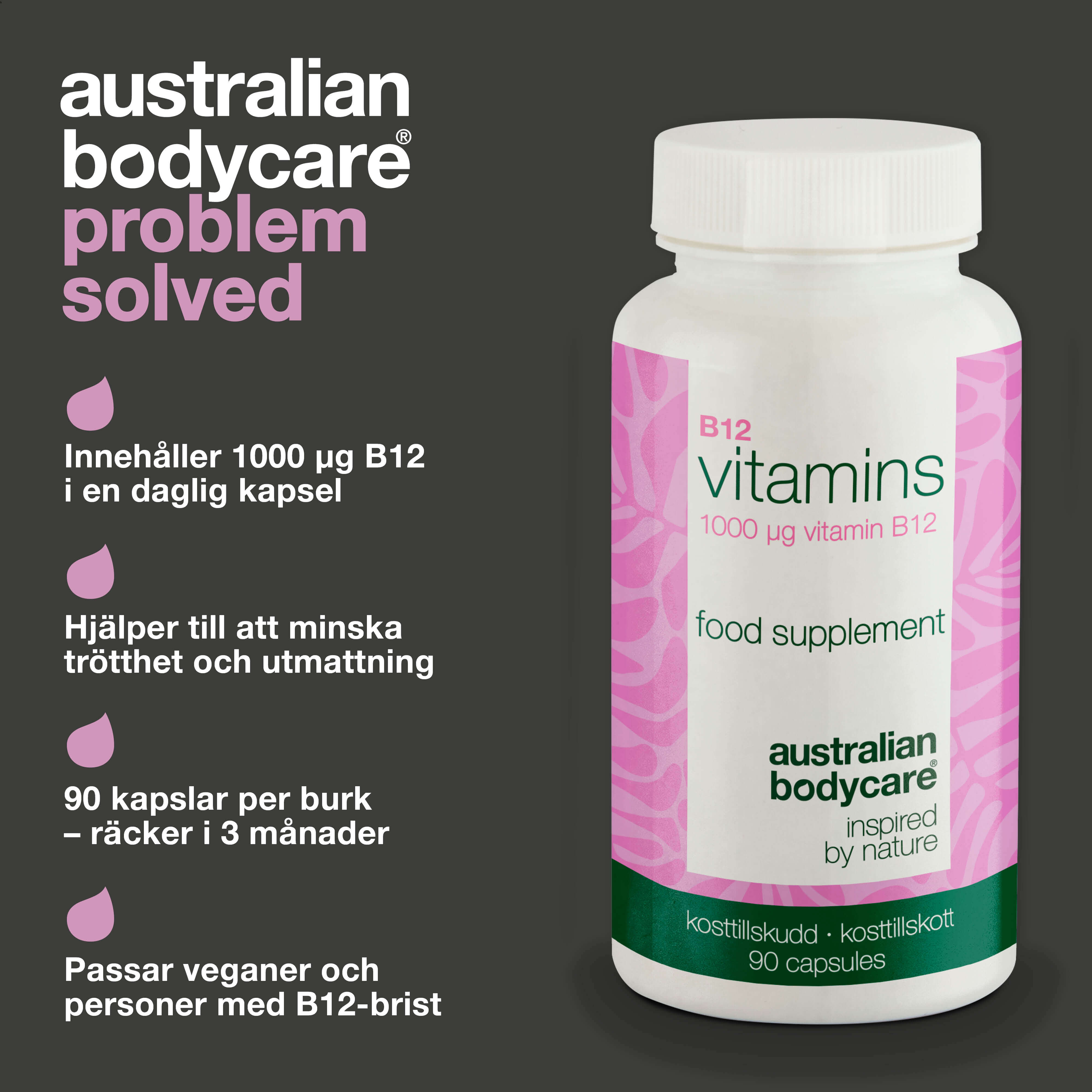 Vitamin B12 Kosttillskott – 90 Veganska Kapslar, 1000 µg — Vitamin B12 i hög dos – 1000 µg per kapsel. 90 veganska kapslar ger 90 dagars användning. Stöd för energi och vegansk kosthållning.