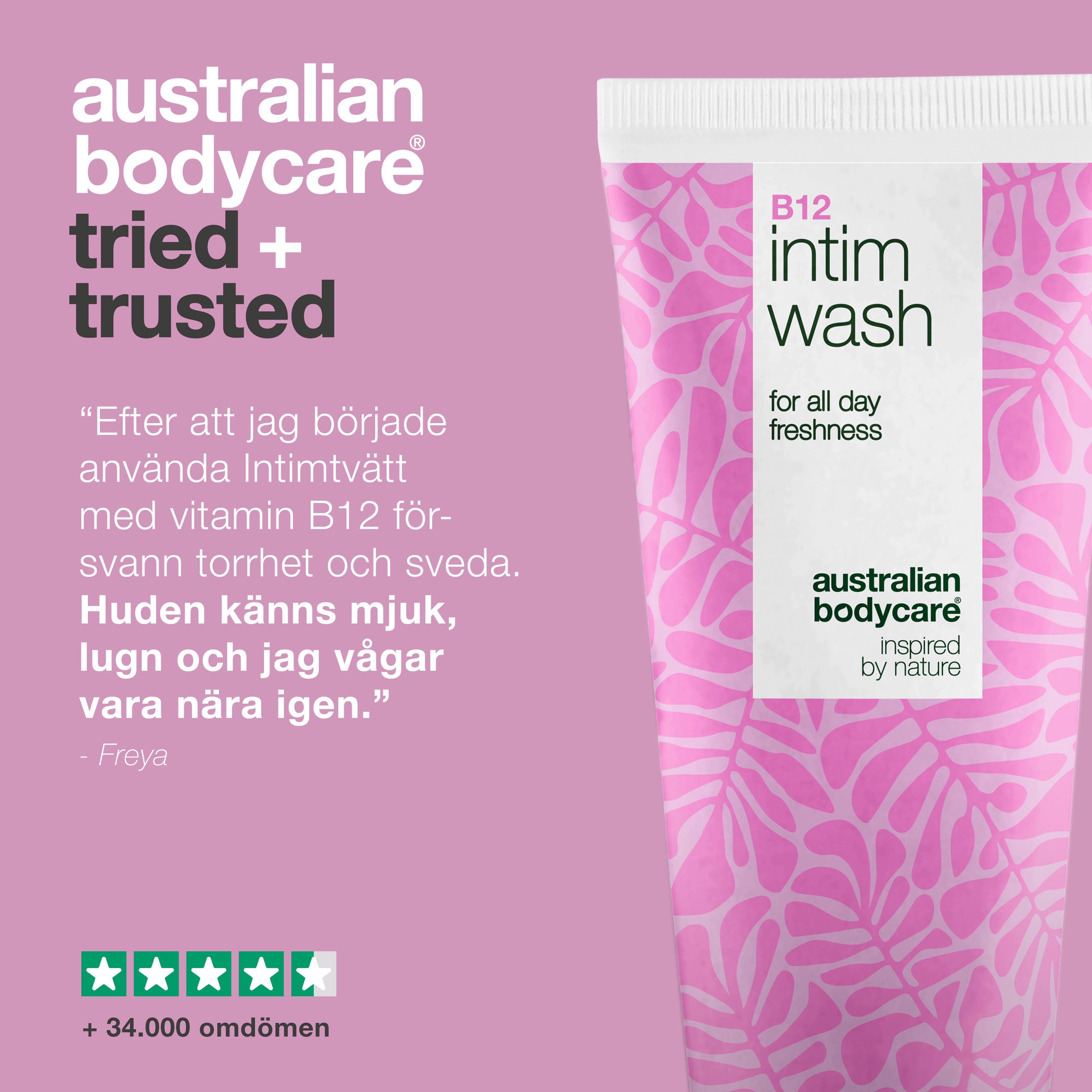 Intimtvål som lindrar torrhet, klåda och irritation. Innehåller vitamin B12, återfuktande glycerin och milda växtbaserade rengöringsämnen.