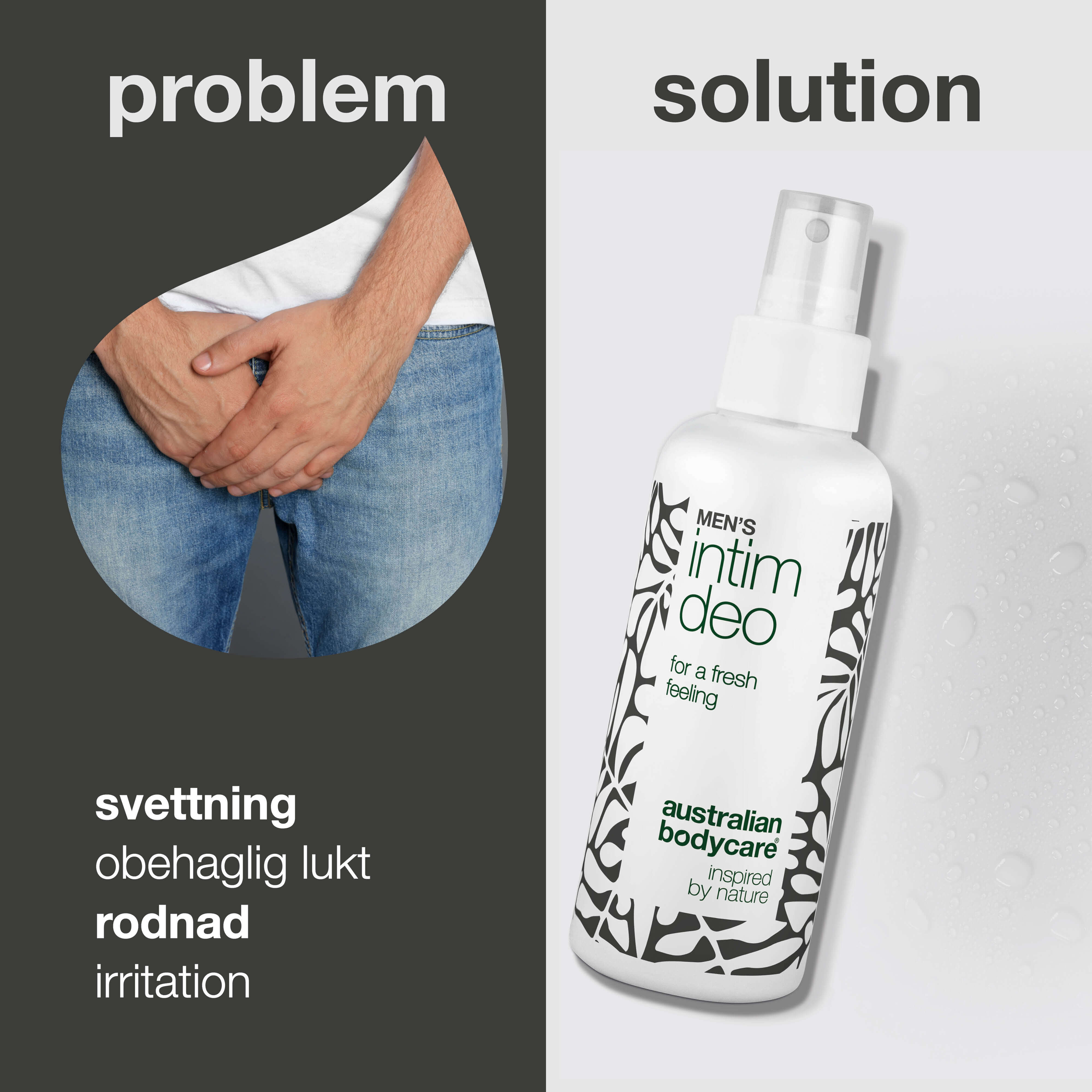Intimdeo för män mot svett, lukt och irritation i ljumsken — Intimdeo för män som minskar svett, lukt och hudirritation. Fräsch känsla och komfort hela dagen.
