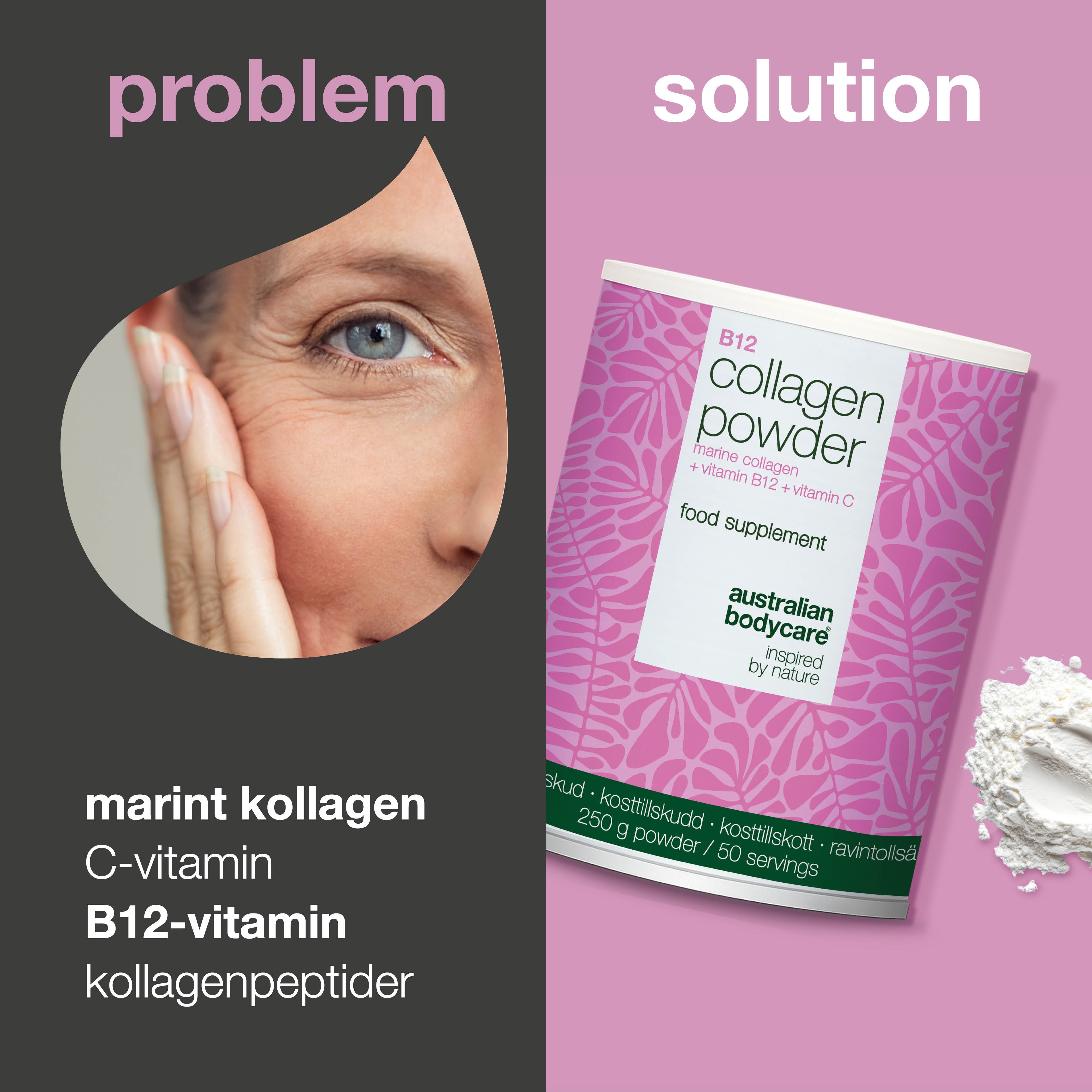 Kollagenpulver för dagligt bruk i mat eller dryck. Enkelt att blanda i din rutin. Innehåller marint kollagen, vitamin C och vitamin B12.