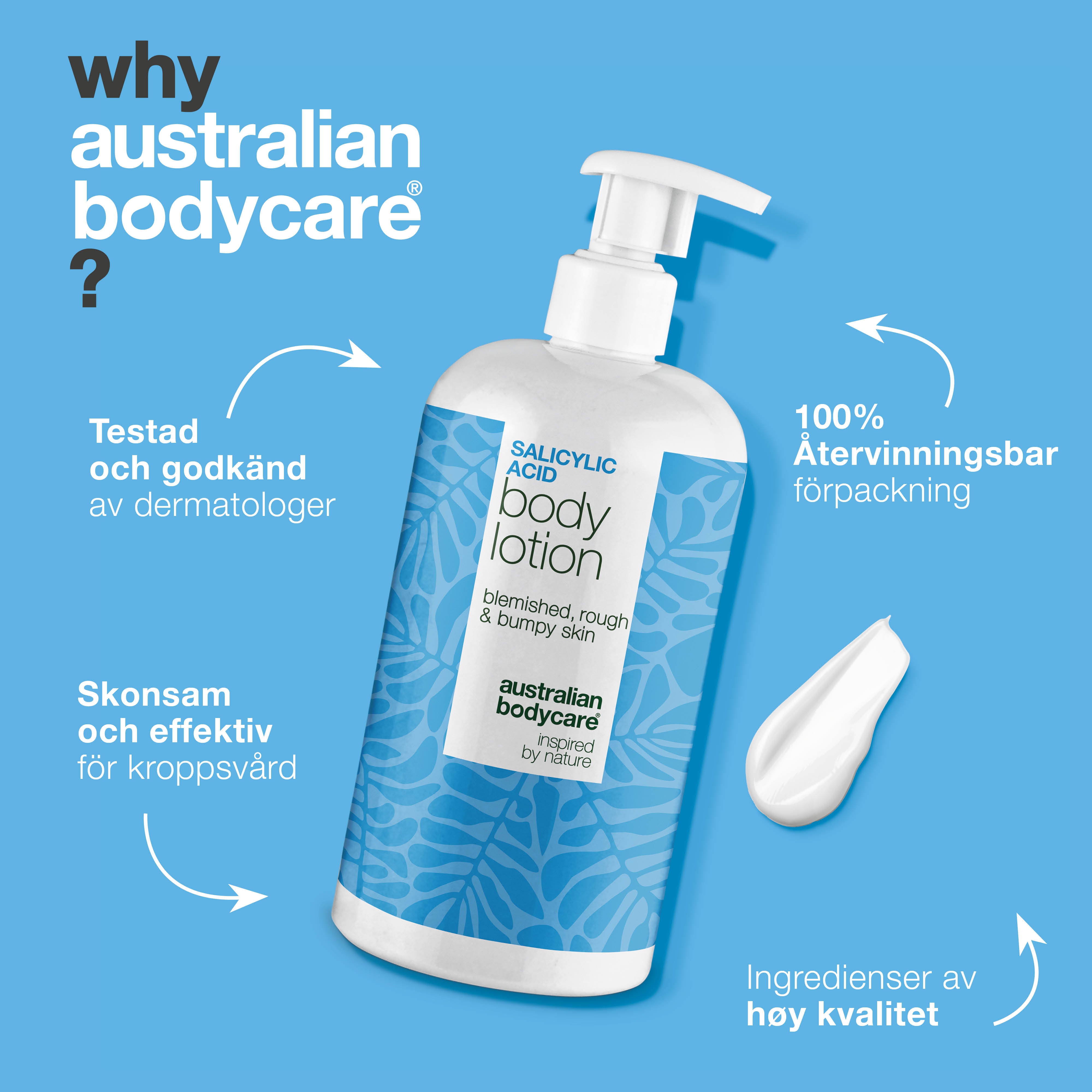 Body Lotion med salicylsyra – för torr och ojämn hud — Body Lotion med salicylsyra exfolierar, återfuktar och hjälper till att mjuka upp torr och ojämn hud. Perfekt för daglig användning.