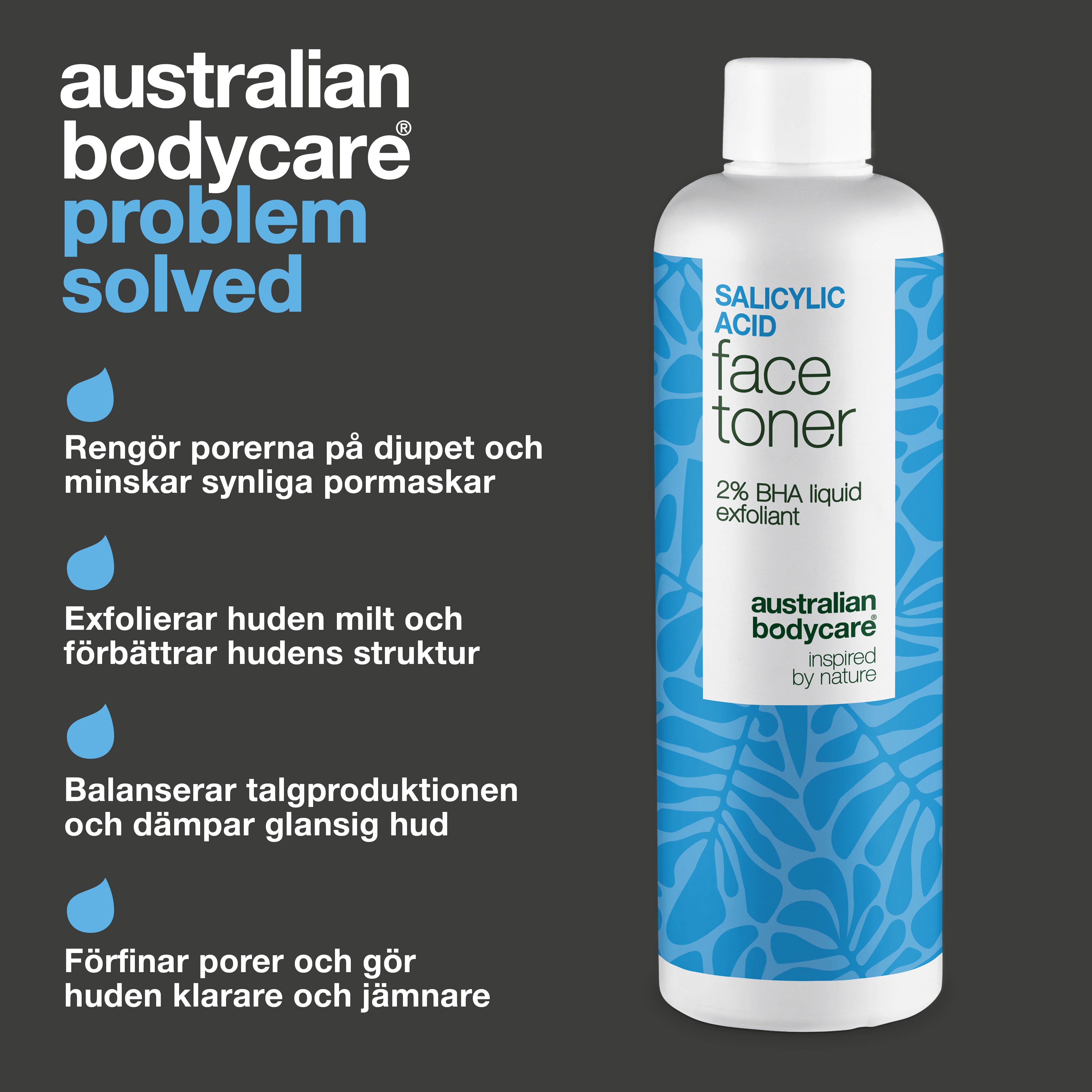 Salicylic Acid toner behandlar pormaskar, akne och ojämn hud. Effektiv daglig exfoliering. Med Salicylic Acid från Australian Bodycare.